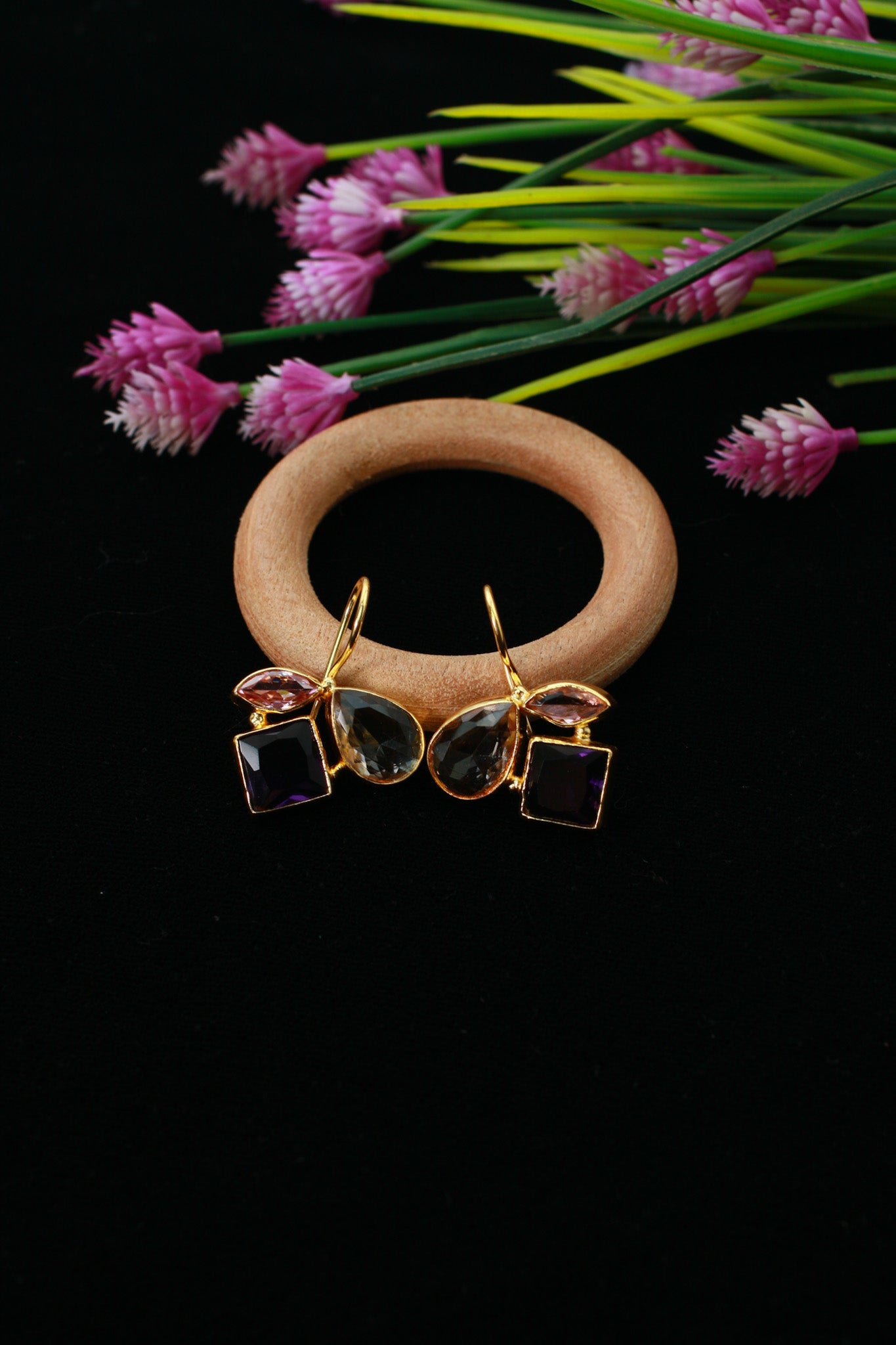 Amethyst Cluster Earrings with Champagne & Blush Petals | Natural Stones, Gold‑Plated Brass