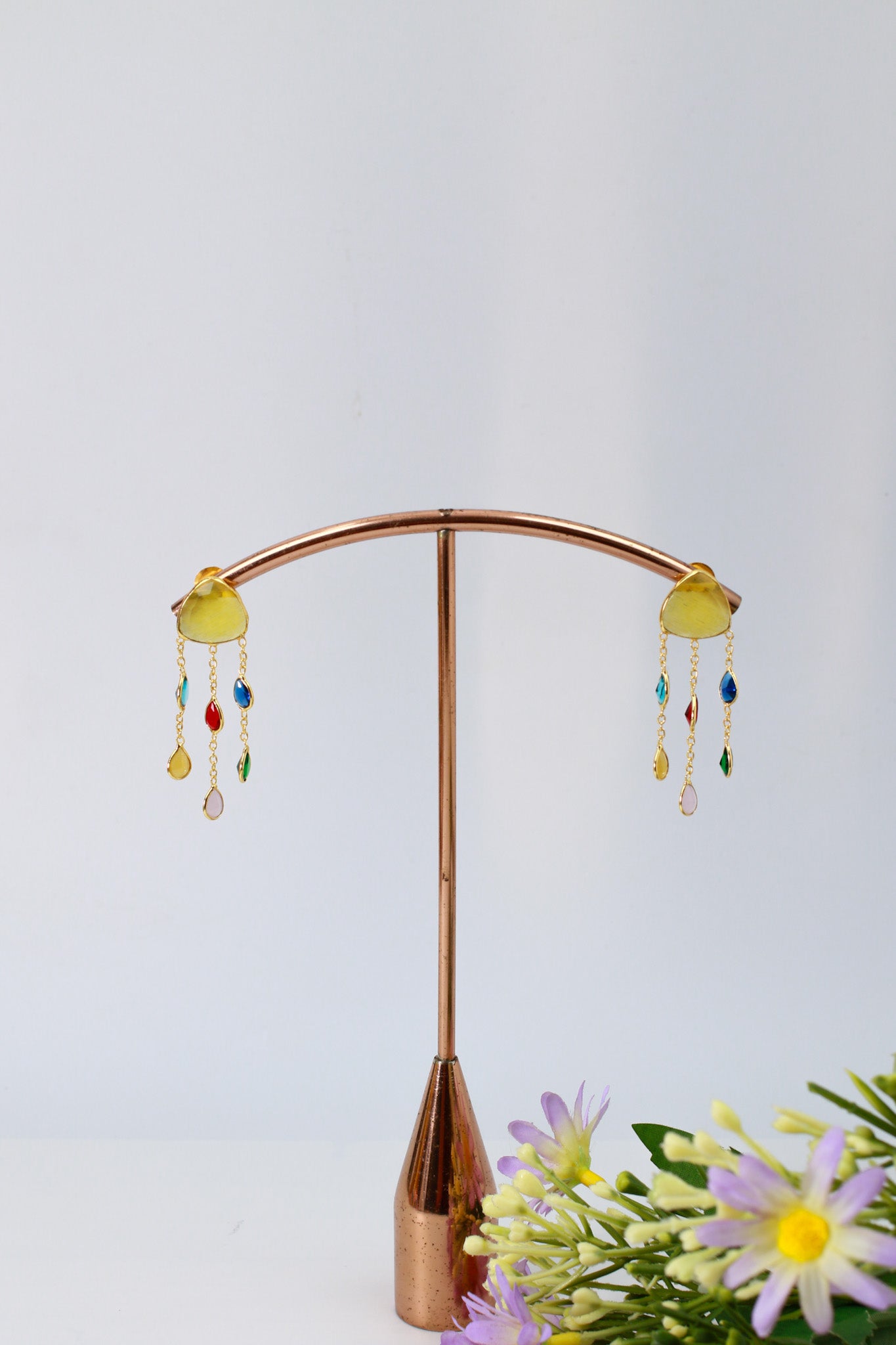 Natural Stone Multicolor Chandelier Earrings in Gold‑Plated Brass | Anti‑Tarnish, Lightweight