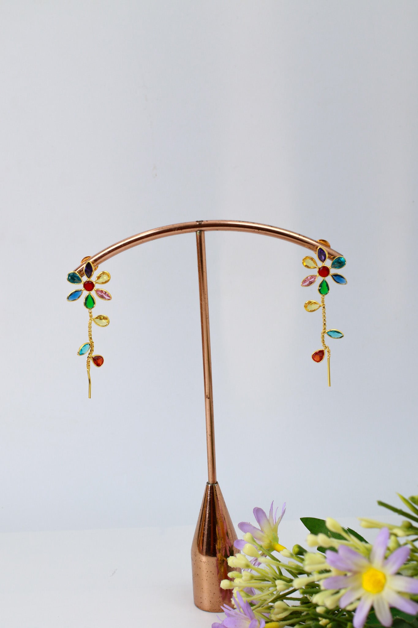 Multicolor Floral Ear Climber Threader Earrings | Natural Stones, Gold‑Plated Brass