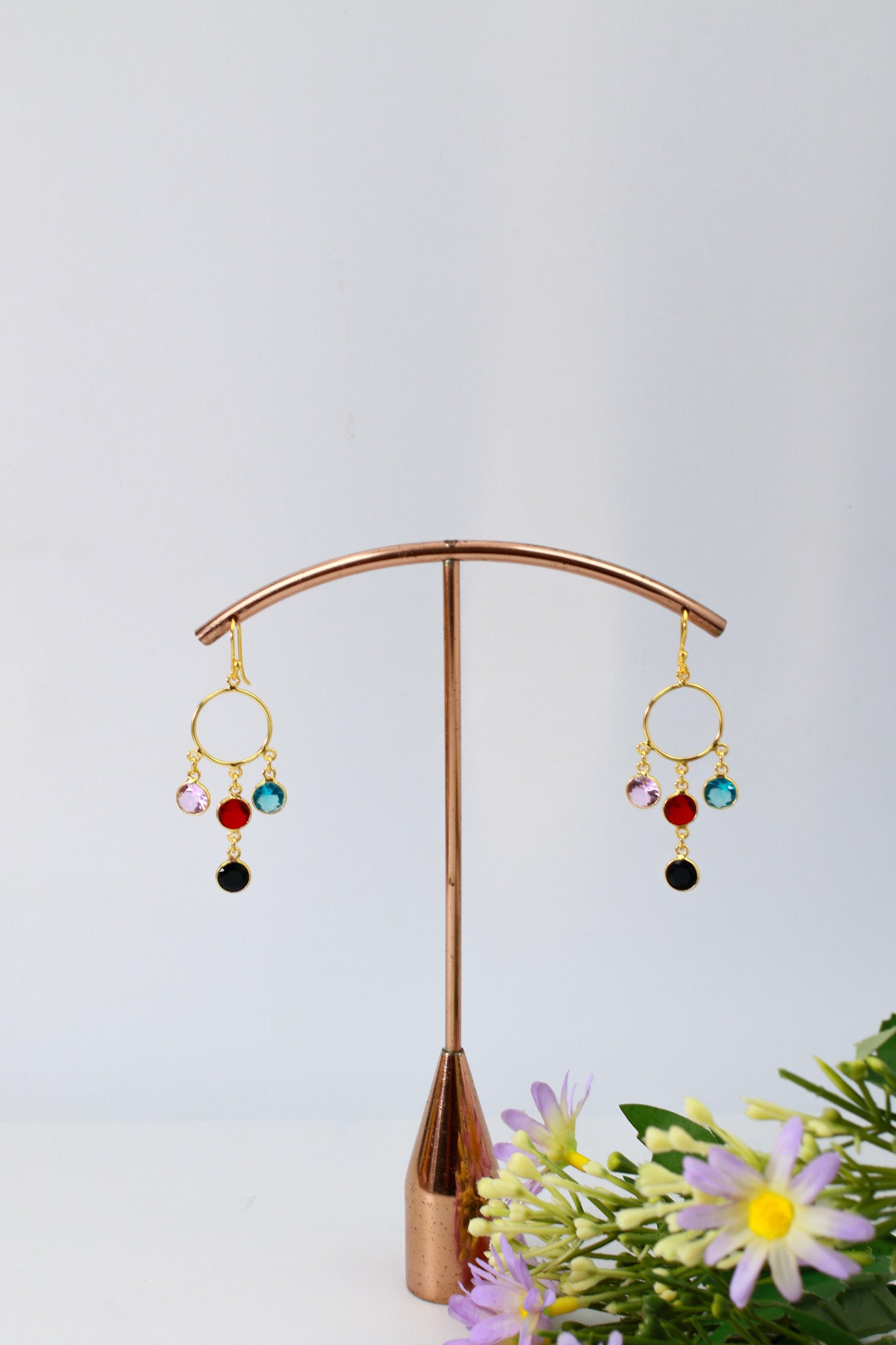 Circle Charm Dangle Earrings – Blue, Red & Black Stones | Natural Stone, Gold‑Plated Brass