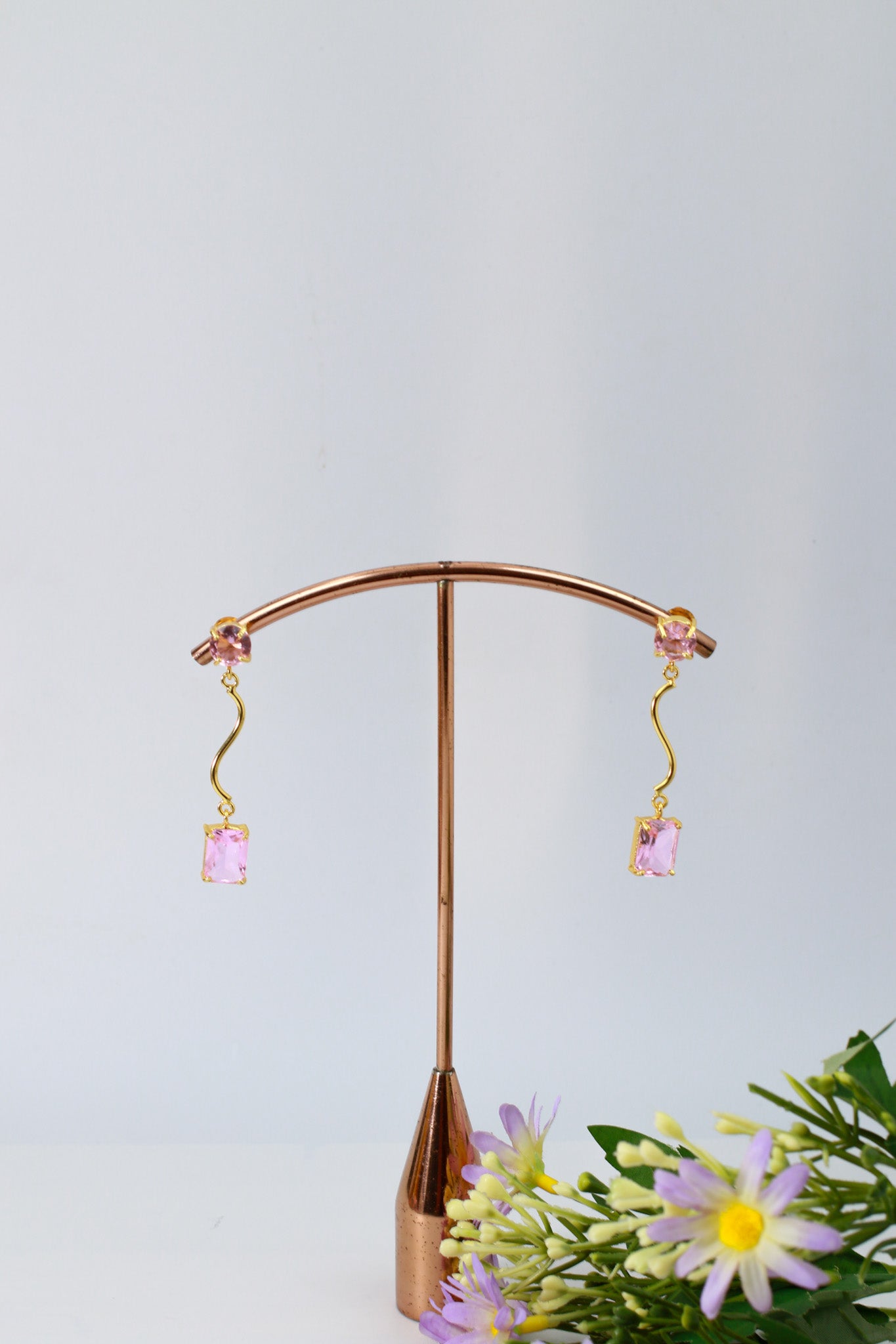 Wavy Bar Drop Earrings with Rose Emerald‑Cut Stone | Natural Stone, Gold‑Plated Brass