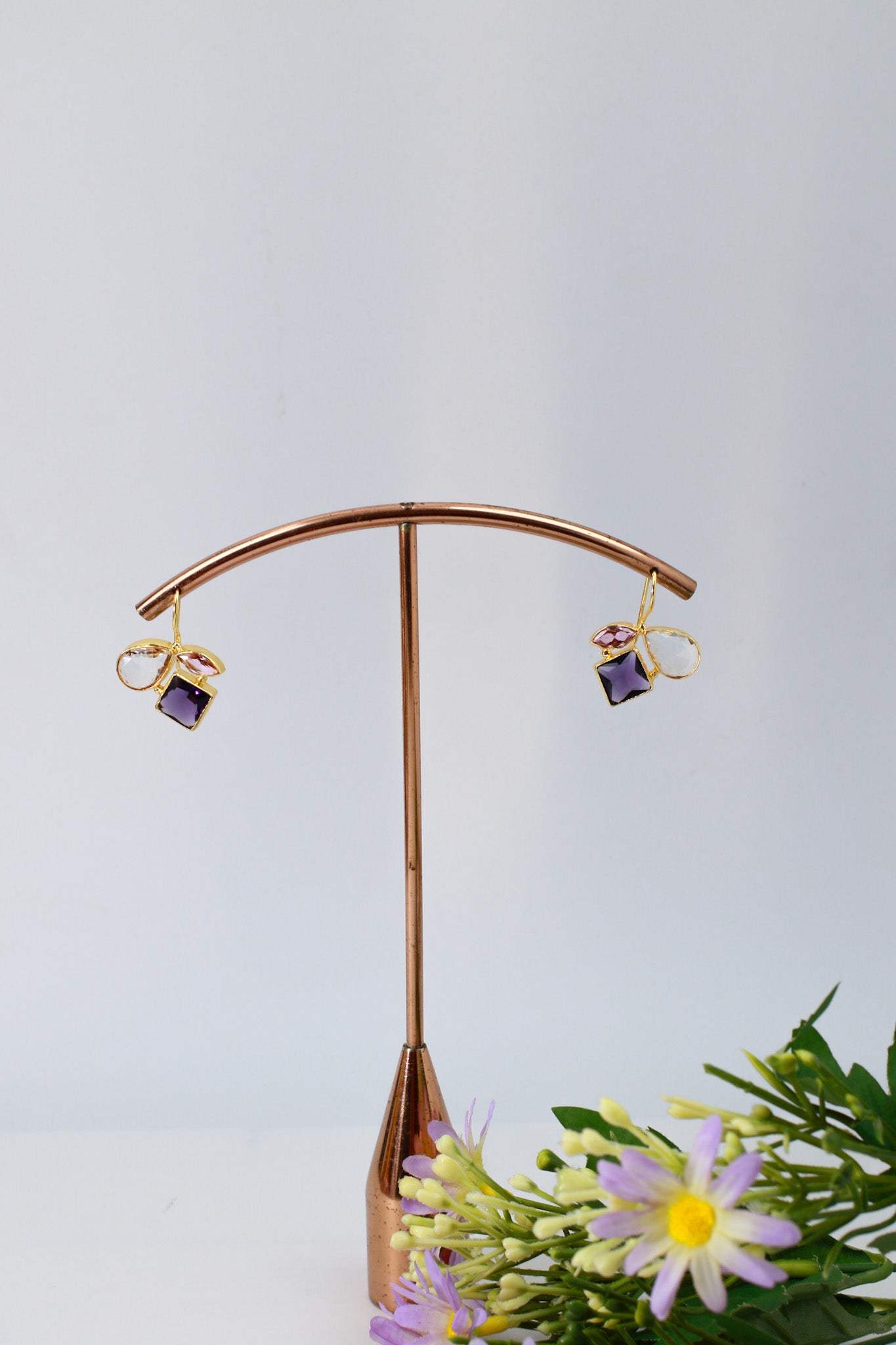Amethyst Cluster Earrings with Champagne & Blush Petals | Natural Stones, Gold‑Plated Brass