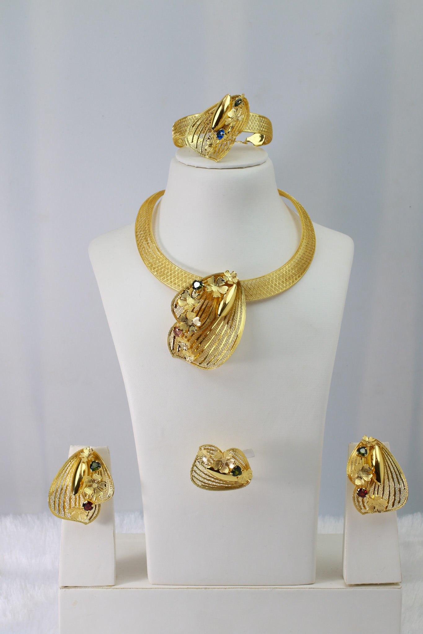 Gold Plated Shell‑Leaf Motif AD Jewellery Set with Coloured Stones (Necklace, Earrings, Ring) | Anti‑Tarnish