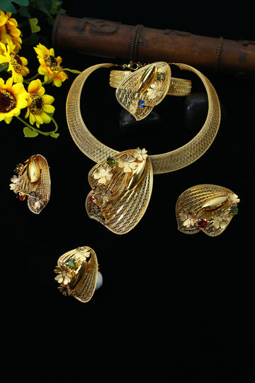Gold Plated Shell‑Leaf Motif AD Jewellery Set with Coloured Stones (Necklace, Earrings, Ring) | Anti‑Tarnish