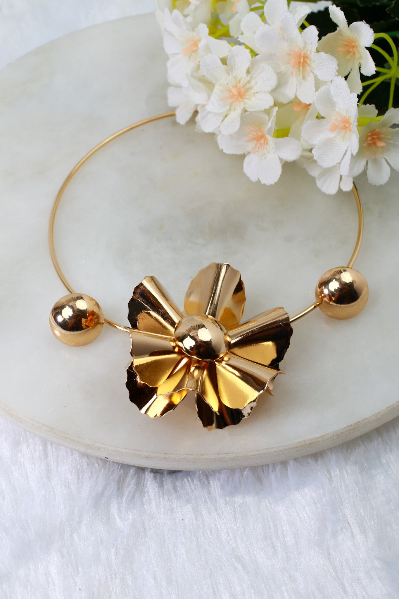 Gold Plated Hansli Necklace Set – Big Sculpted Flower with Golden Studs | Anti‑Tarnish