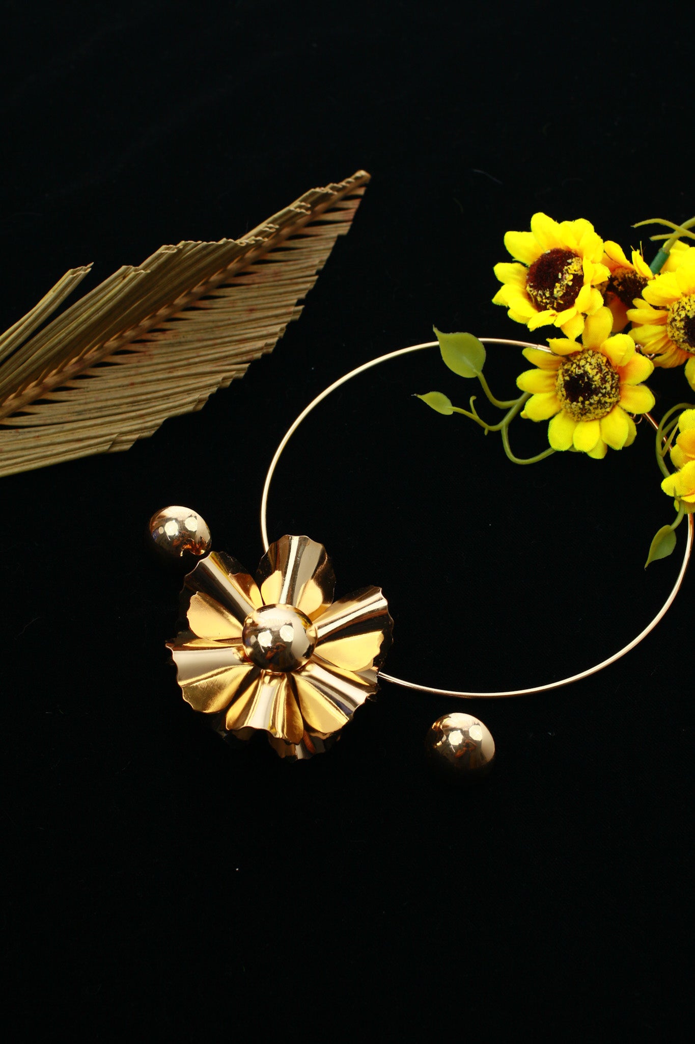 Gold Plated Hansli Necklace Set – Big Sculpted Flower with Golden Studs | Anti‑Tarnish