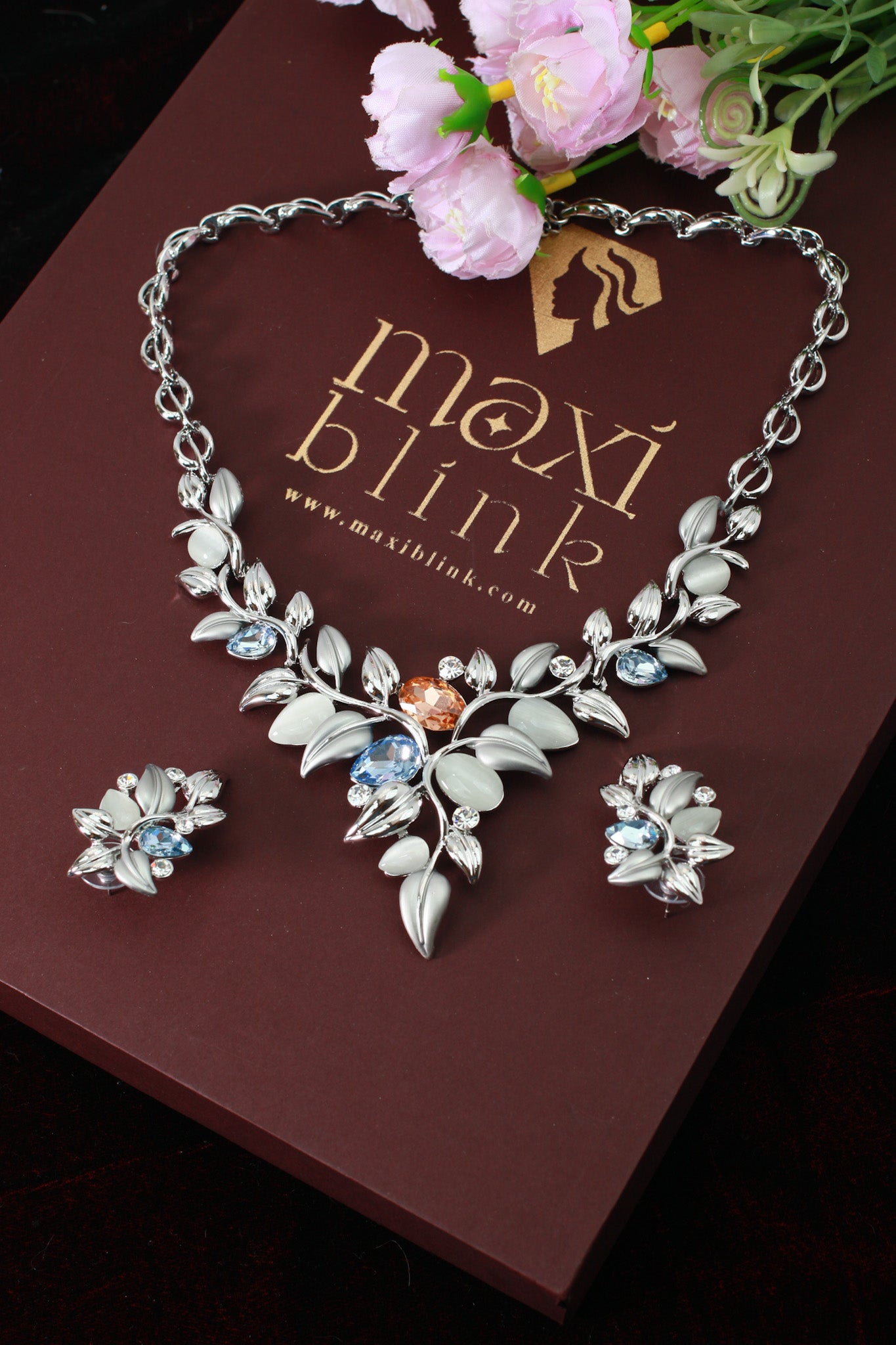 Rhodium Plated Leaf Motif AD Stone Necklace Set with Blue Accents | Silver Finish | Anti‑Tarnish