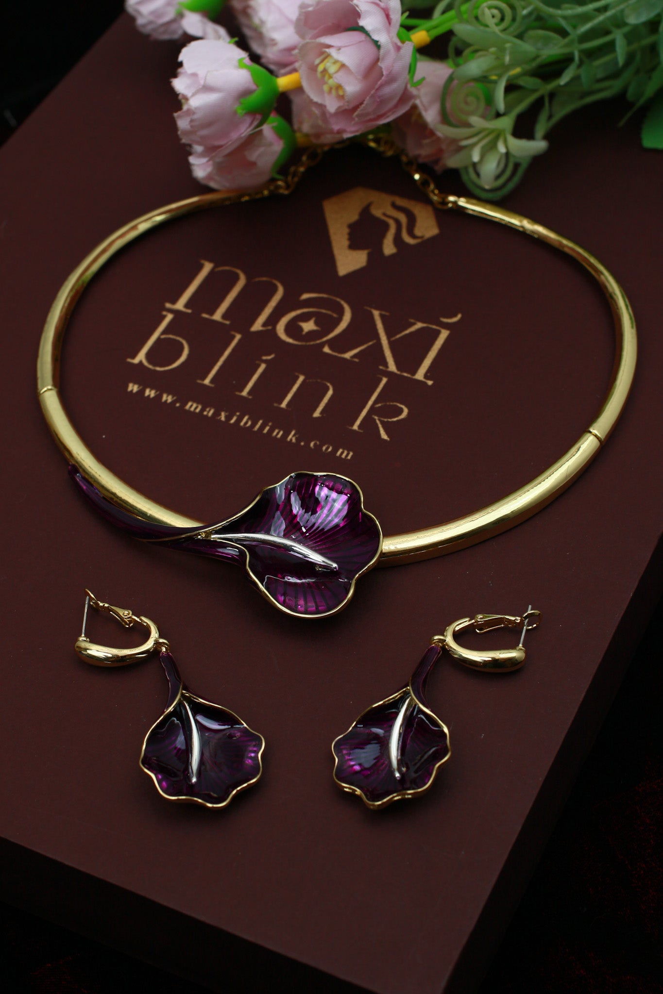 Gold Plated Calla Lily Enamel Collar Necklace Set | Purple Floral | Anti‑Tarnish