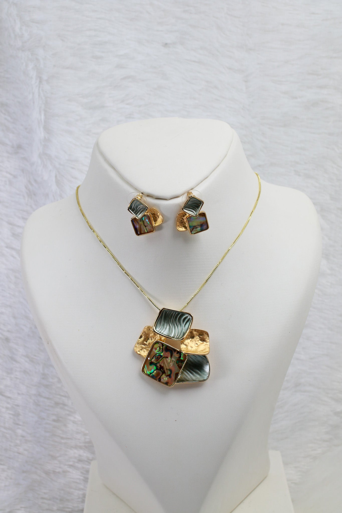 Geometric Abalone Green Pendant Set - Modern Luxury Enamel Necklace & Earrings | Anti Tarnish