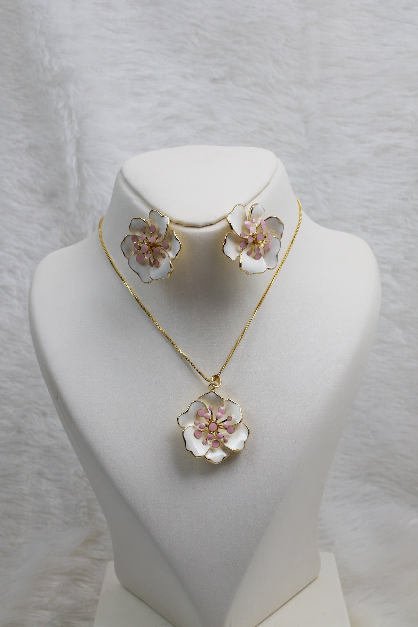 Petal Flower Pendant Set - White & Pink Enamel Luxury Necklace & Earrings | Anti Tarnish