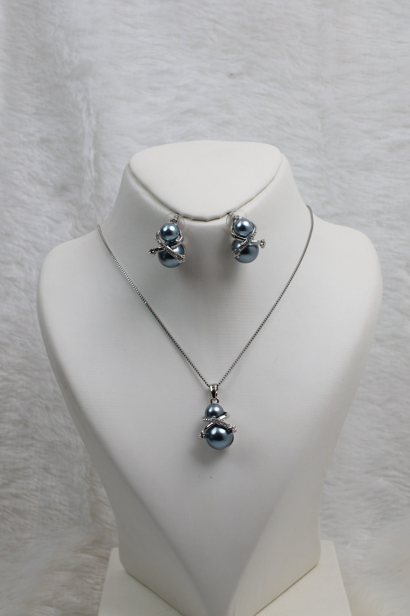 Dual Pearl Pendant Set - Silver Plated Blue Pearl Necklace & Earrings | Long Lasting Anti Tarnish