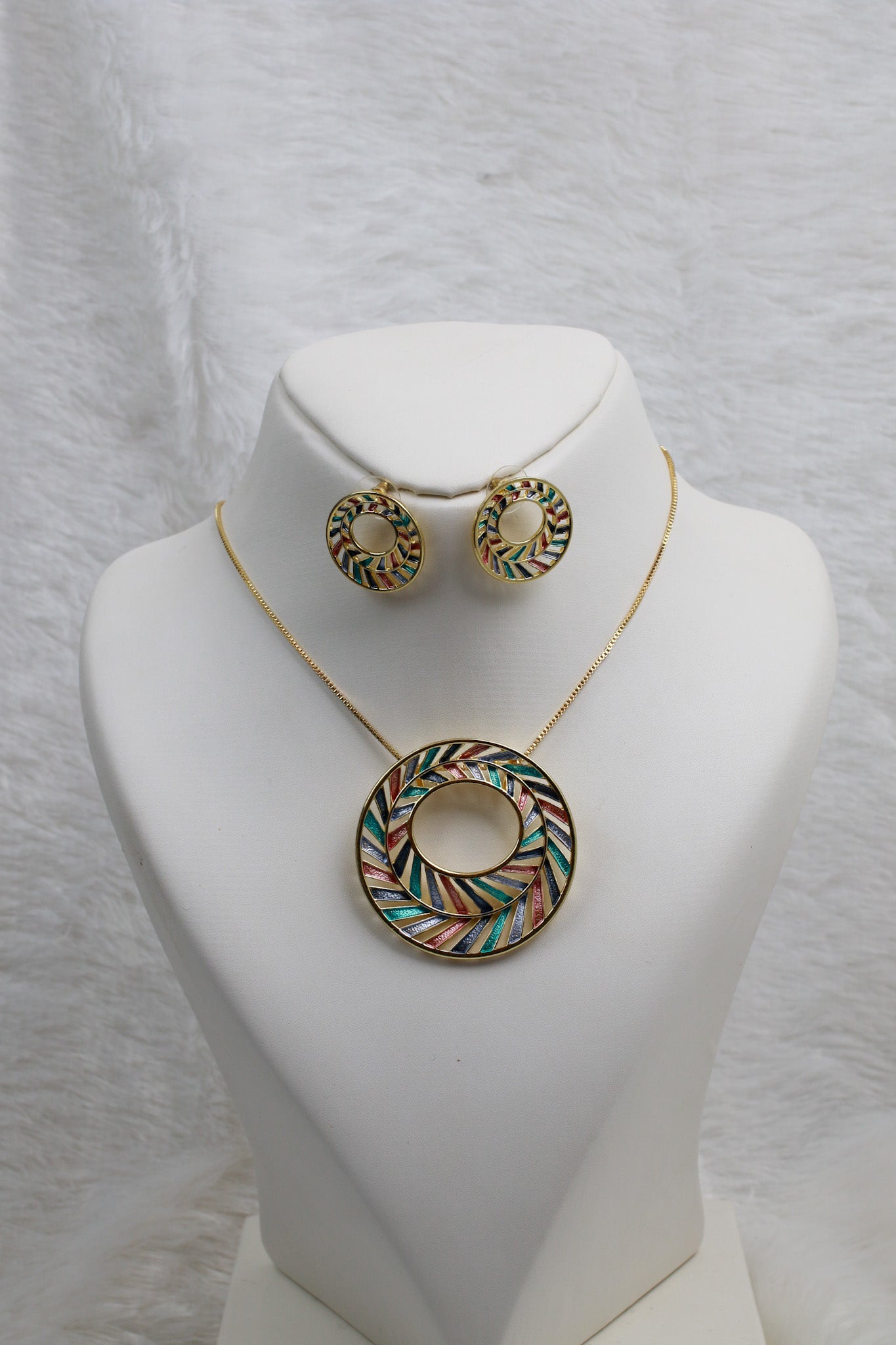Multicolor Enamel Circle Pendant Set - Gold Plated Luxury Necklace & Earrings | Anti Tarnish Finish