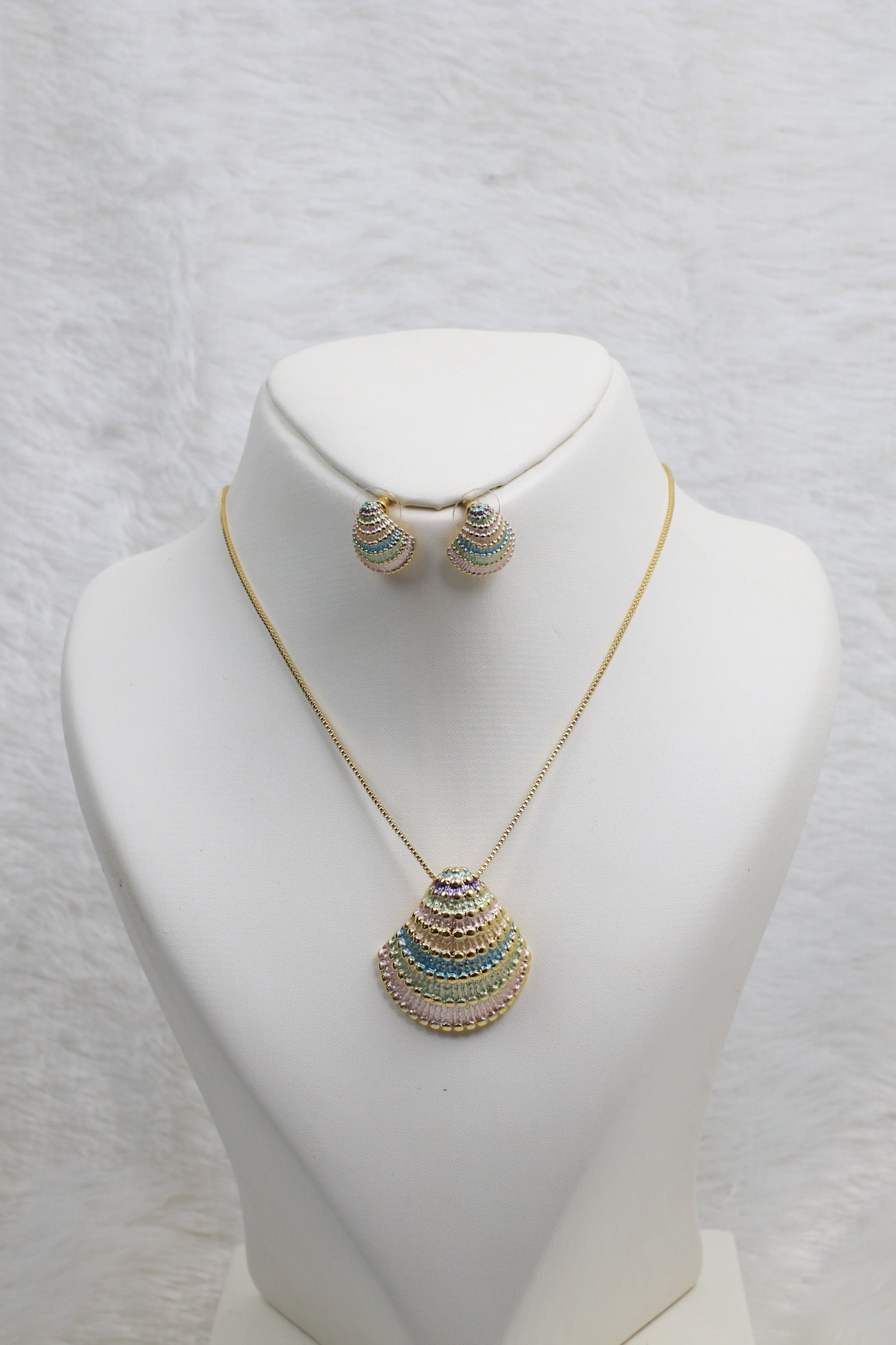 Pastel Shell Fan Pendant Set - Multi-Color Enamel Luxury Necklace & Earrings | Anti Tarnish Coating