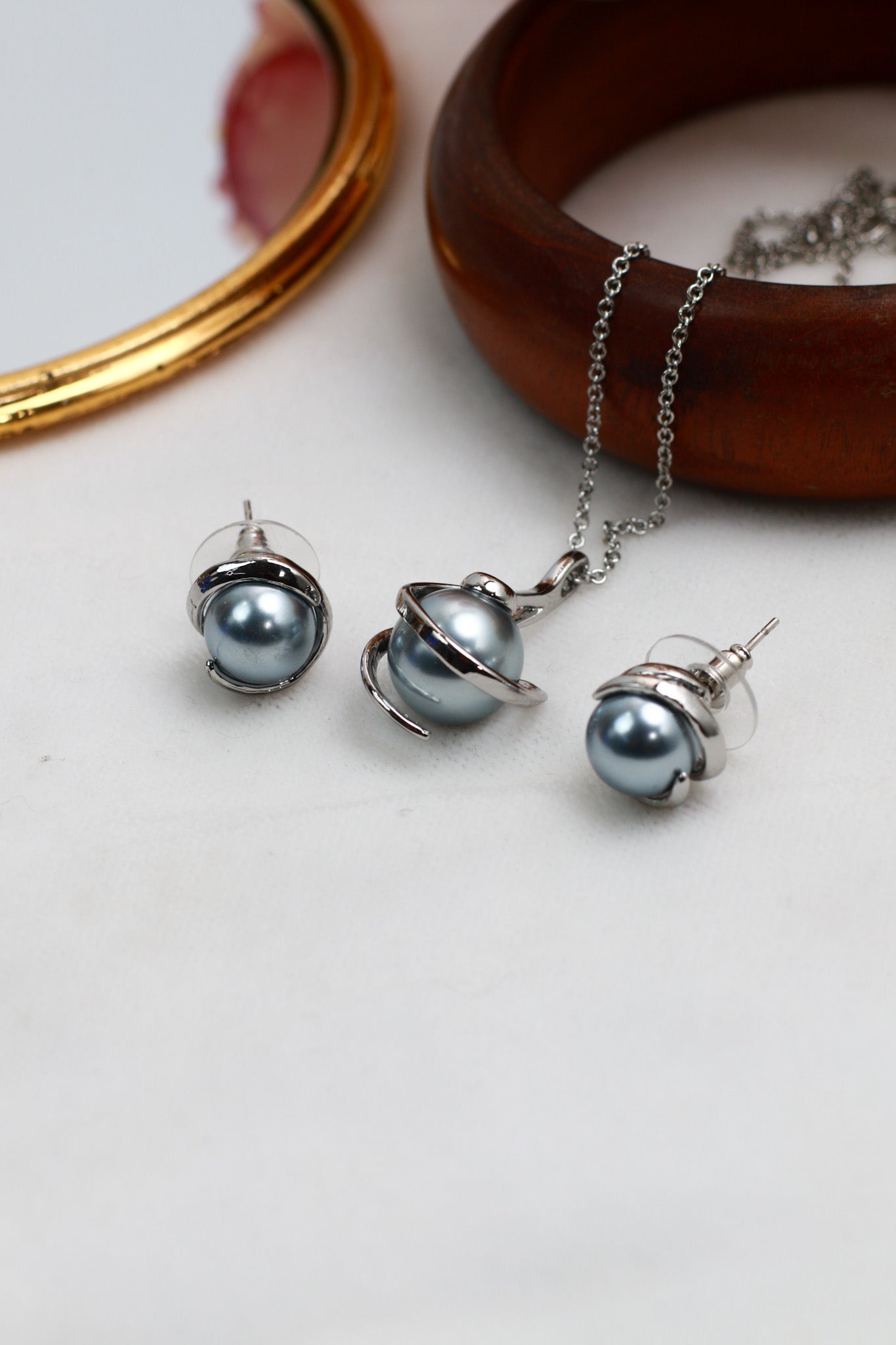 Silver Pearl Pendant Set - Elegant Grey Pearl Necklace & Earrings | Luxury Anti Tarnish Finish