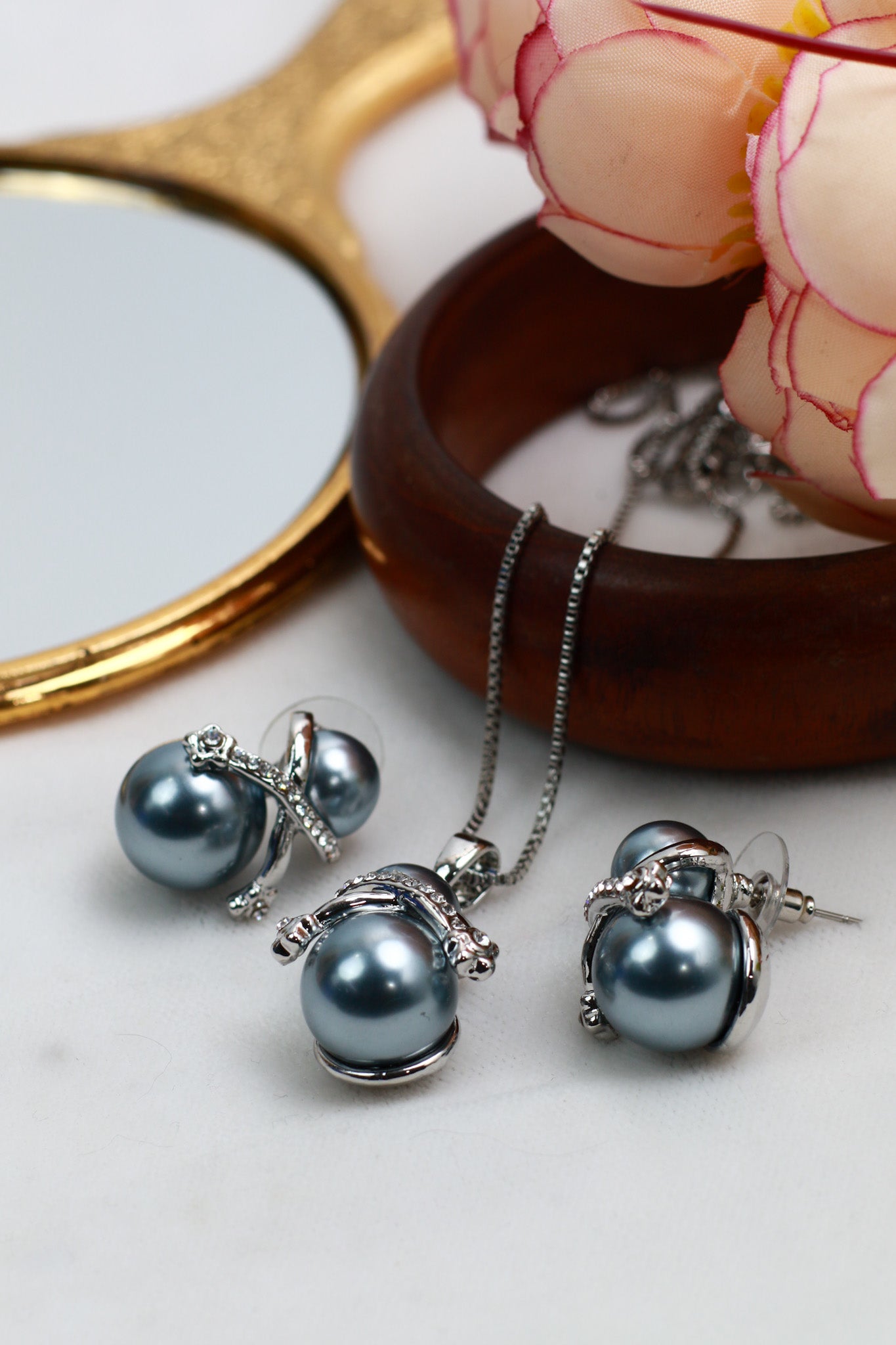 Dual Pearl Pendant Set - Silver Plated Blue Pearl Necklace & Earrings | Long Lasting Anti Tarnish