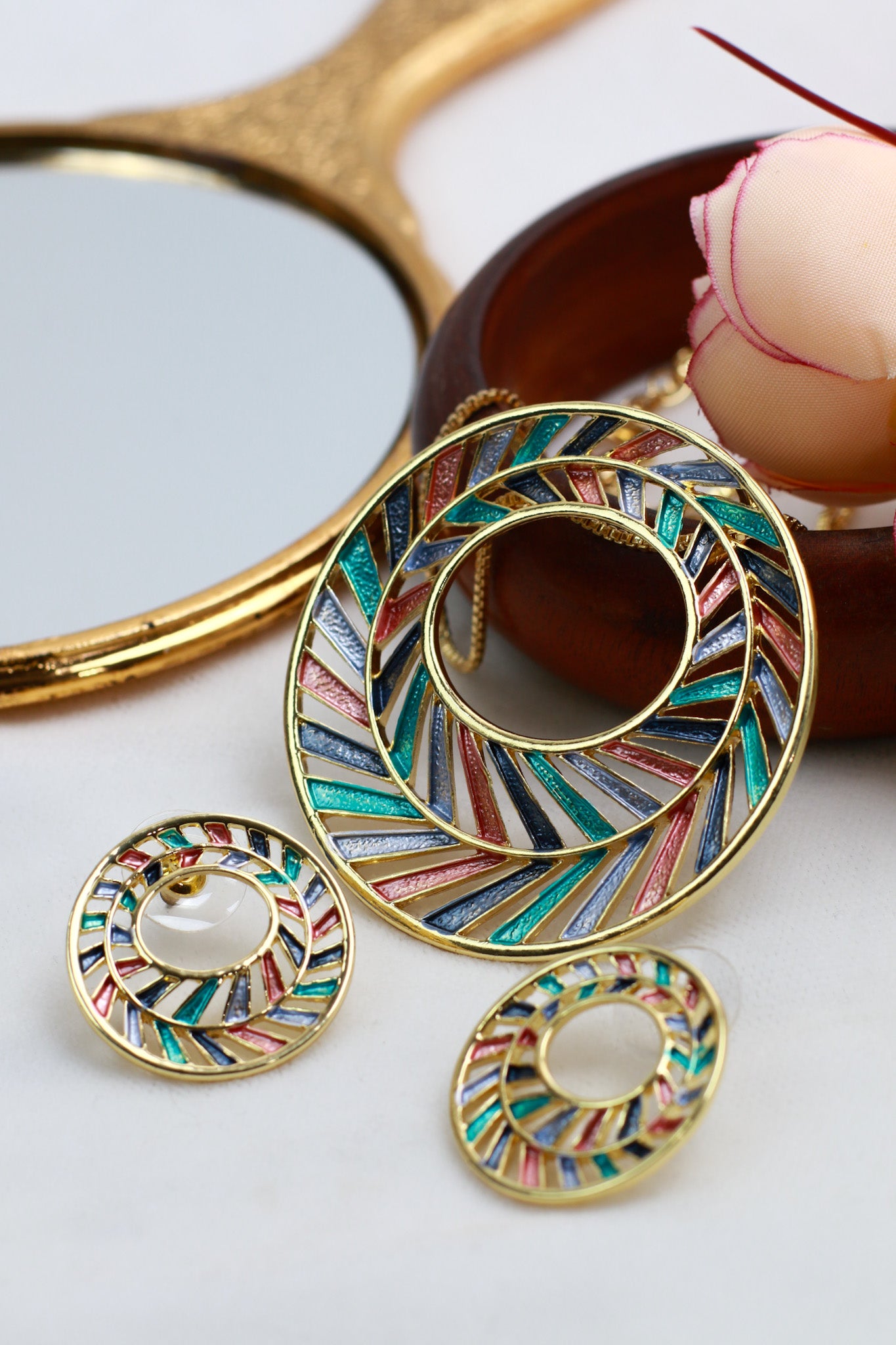 Multicolor Enamel Circle Pendant Set - Gold Plated Luxury Necklace & Earrings | Anti Tarnish Finish