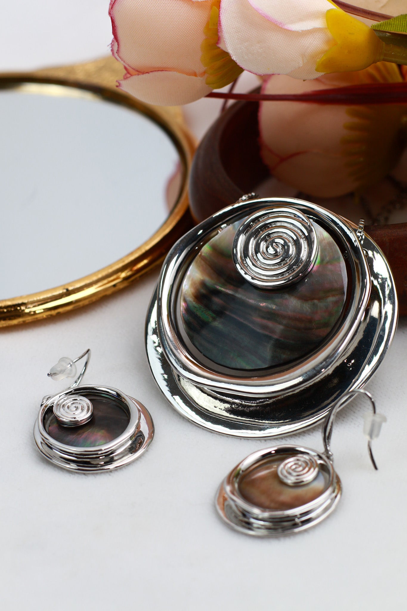 Spiral Abalone Pendant Set - Silver Finish Statement Necklace & Earrings | Anti Tarnish