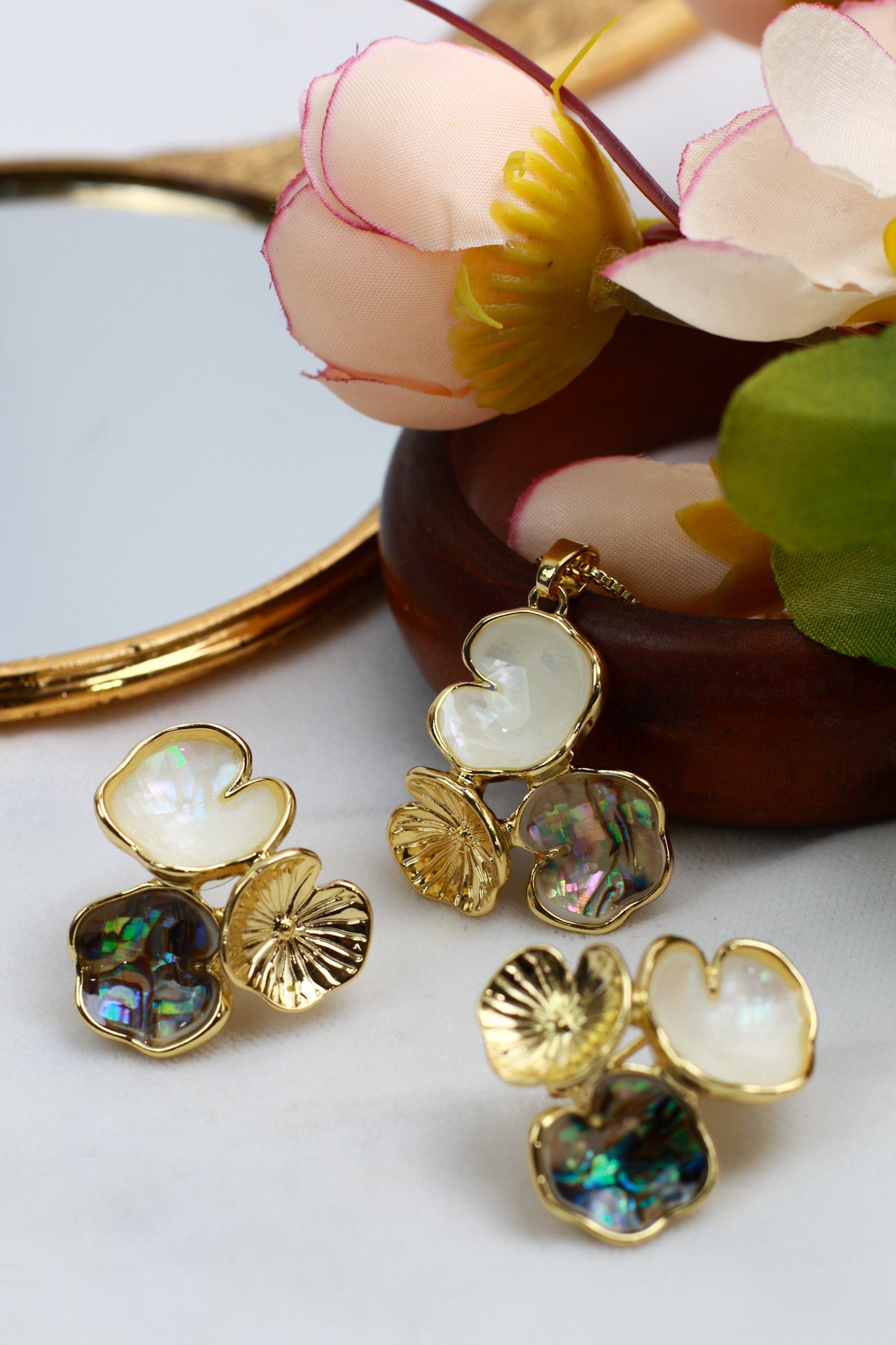 Abalone Trio Pendant Set - Iridescent Shell Luxury Necklace & Earrings | Anti Tarnish Coating