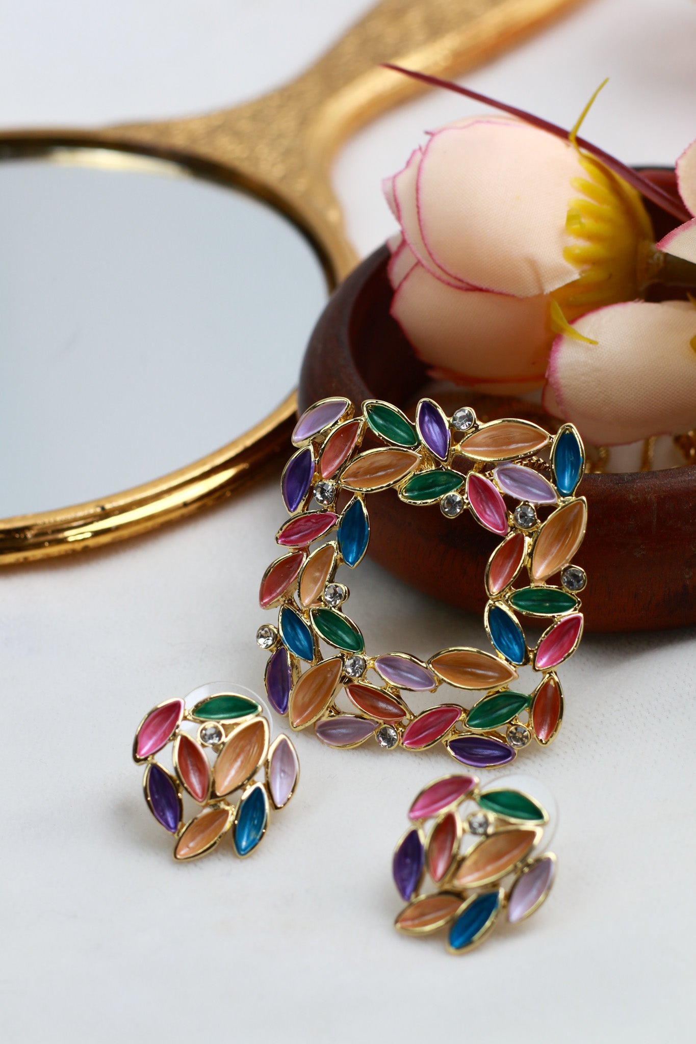 Multicolor Leaf Pendant Set - Enamel Jewelry with Gold Plating | Vibrant Festive Look | Anti Tarnish