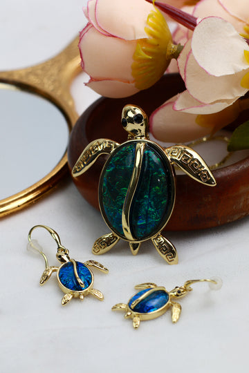 Turtle Blue Enamel Pendant Set - Luxury Gold Plated Turtle Necklace & Earrings | Anti Tarnish Coating