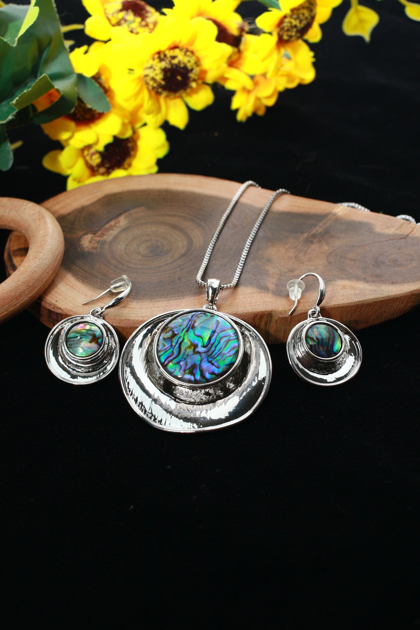 Round Green Shell Pendant Set - Silver Plated Green Abalone Jewelry | Long Lasting Shine