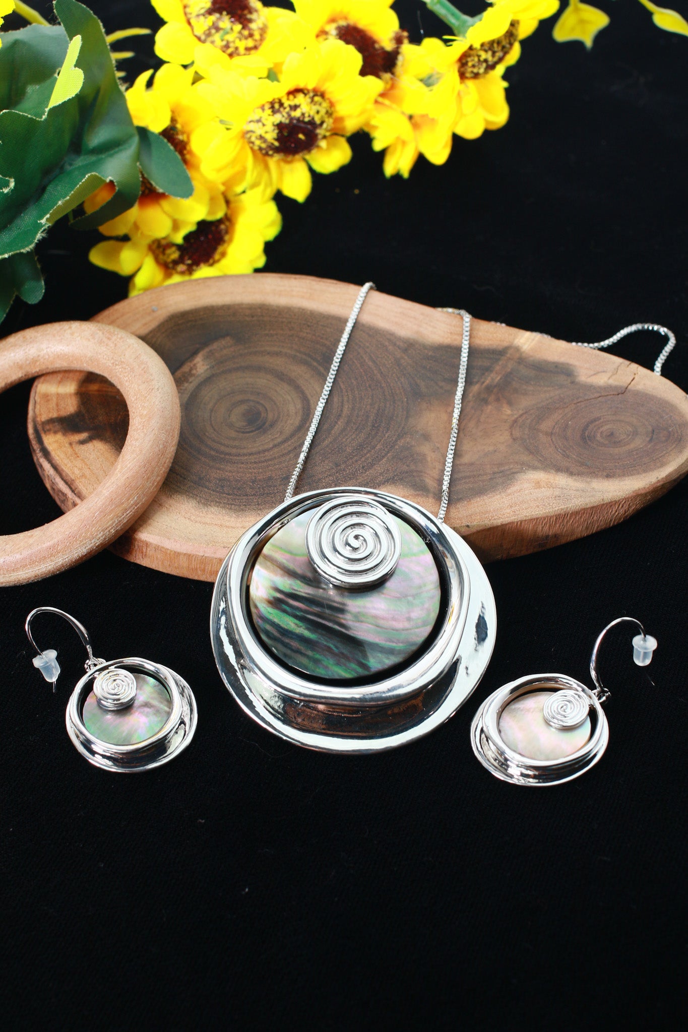 Spiral Abalone Pendant Set - Silver Finish Statement Necklace & Earrings | Anti Tarnish