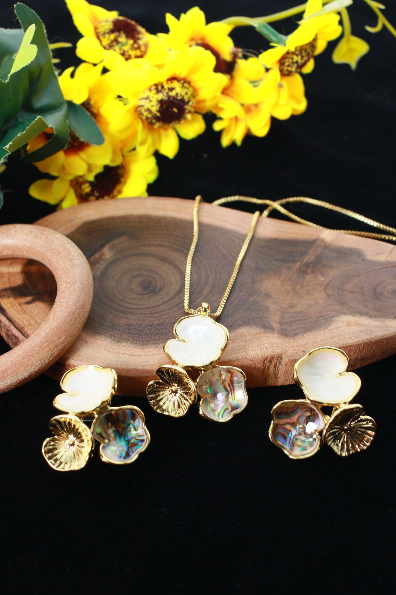 Abalone Trio Pendant Set - Iridescent Shell Luxury Necklace & Earrings | Anti Tarnish Coating