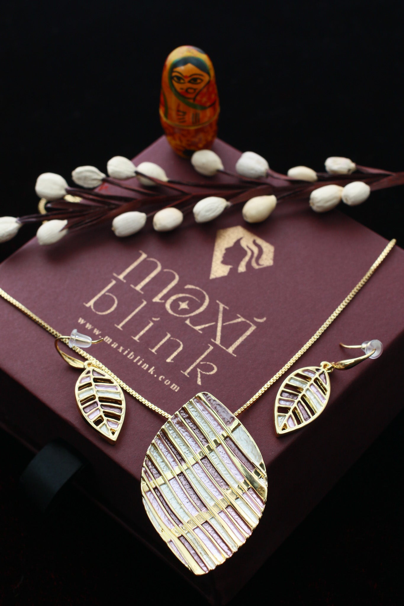 Leaf Enamel Pendant Set - Gold Plated Leaf Design | Pink & Beige Enamel Finish | Anti Tarnish