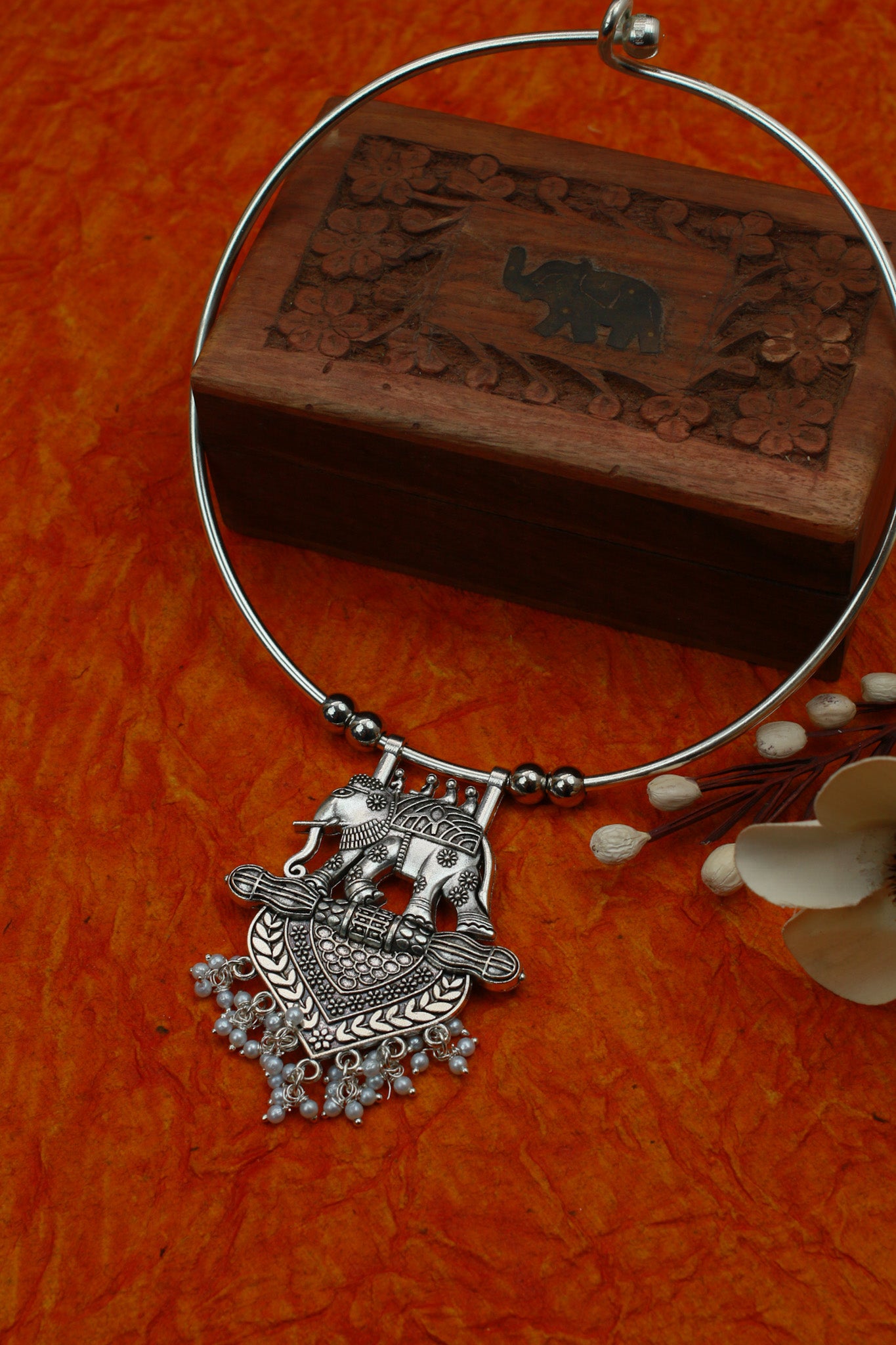 Oxidised German Silver Hansli Necklace with Elephant Motif & Heart Pendant | Antique Tribal Jewellery