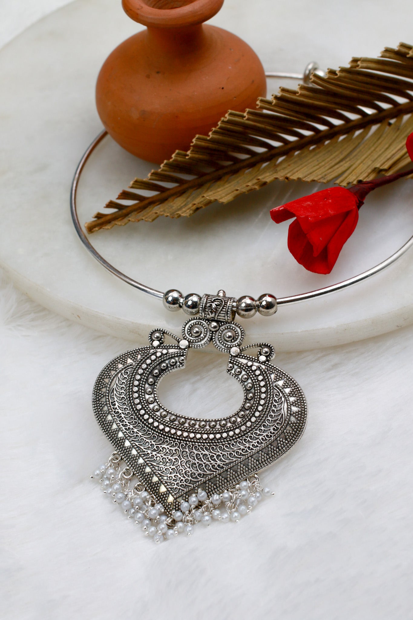 Oxidised German Silver Hansli Necklace with Heart Motif & Ghungroo Drops | Tribal Statement Choker