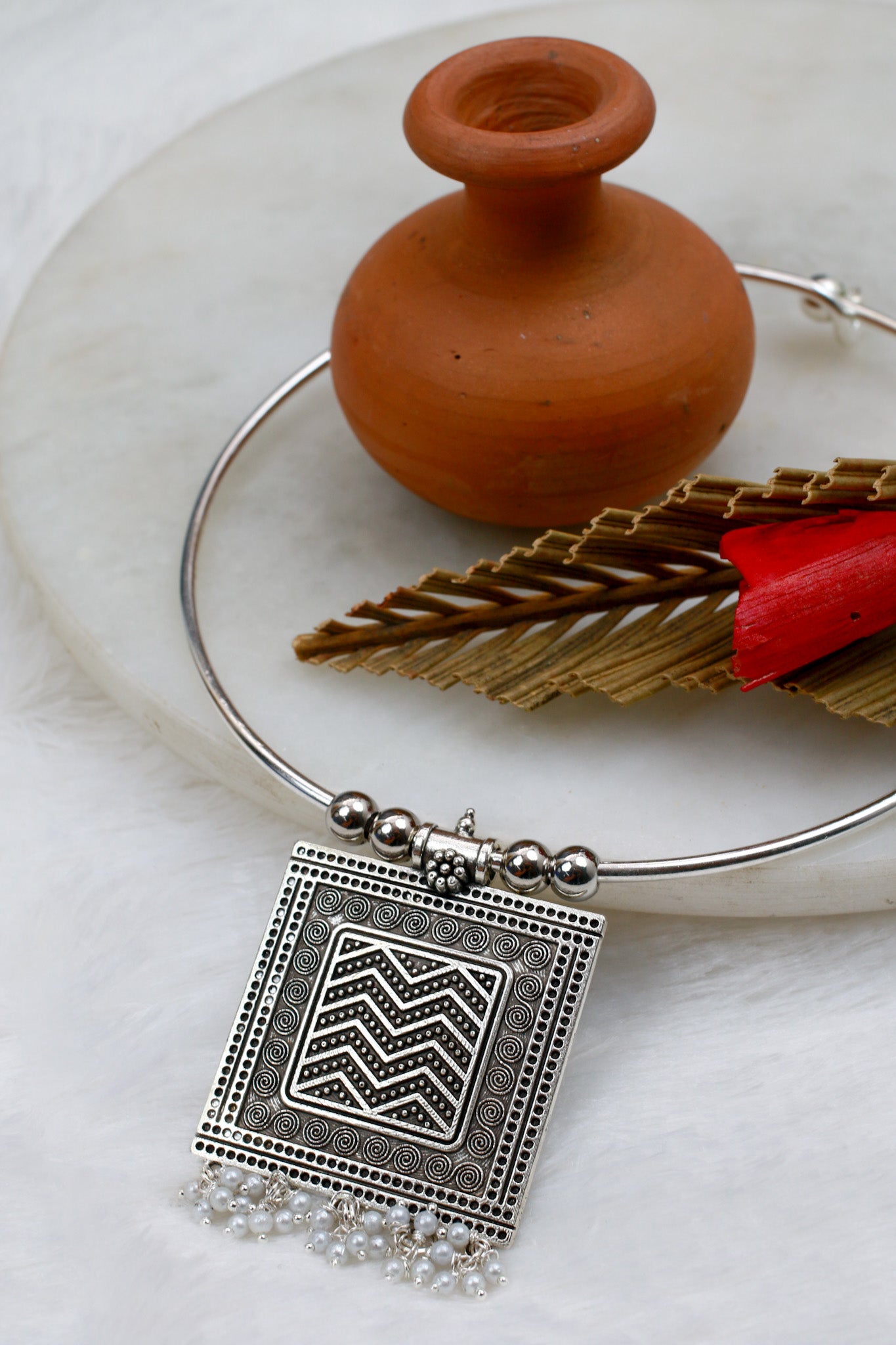 Oxidised German Silver Hansli Necklace with Square Tribal Pendant | Boho Statement Jewellery