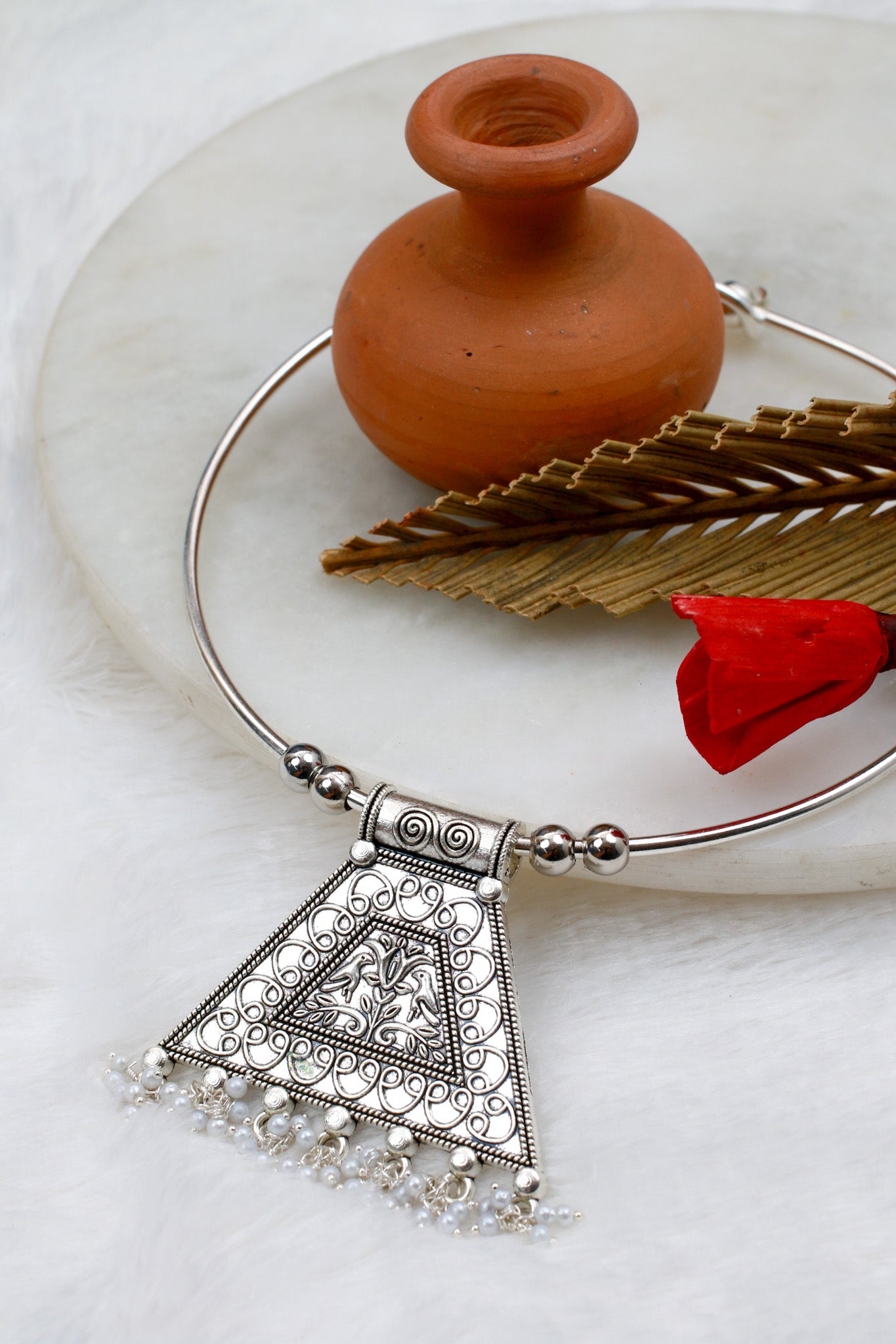 Oxidised German Silver Hansli Necklace with Filigree Triangle Pendant | Ethnic Statement Choker