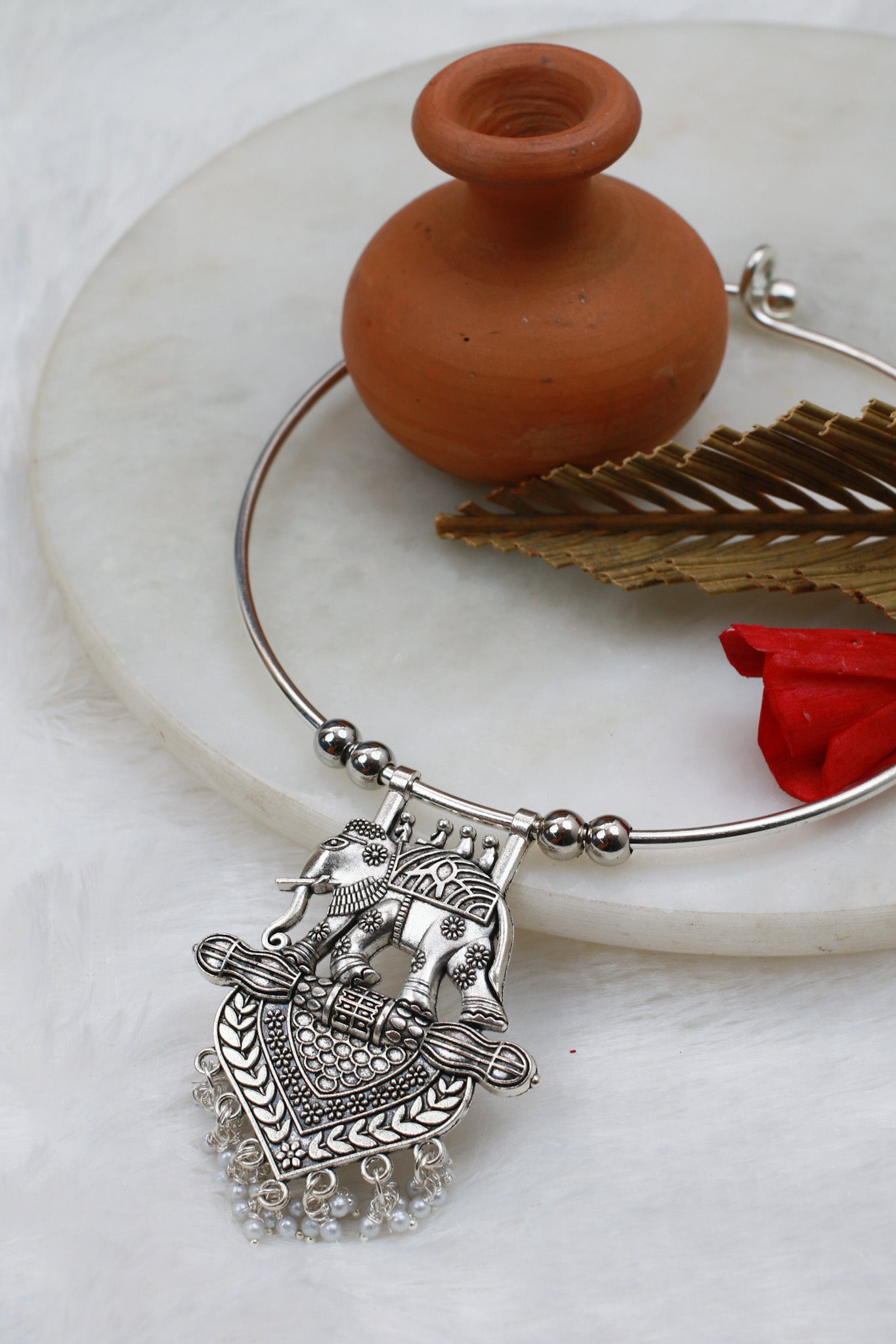 Oxidised German Silver Hansli Necklace with Elephant Motif & Heart Pendant | Antique Tribal Jewellery