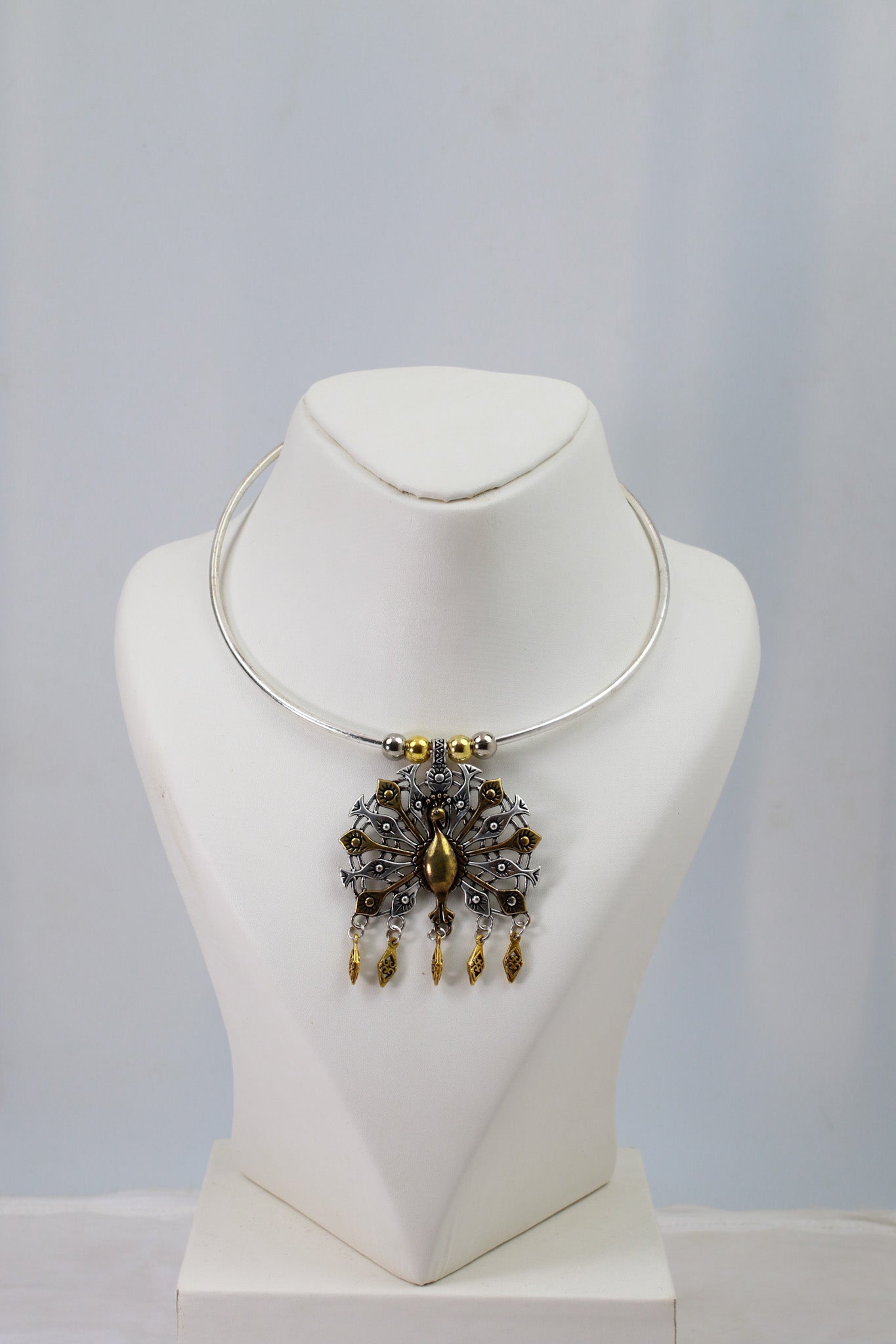 Dual Tone Oxidised German Silver Peacock Hansuli Necklace