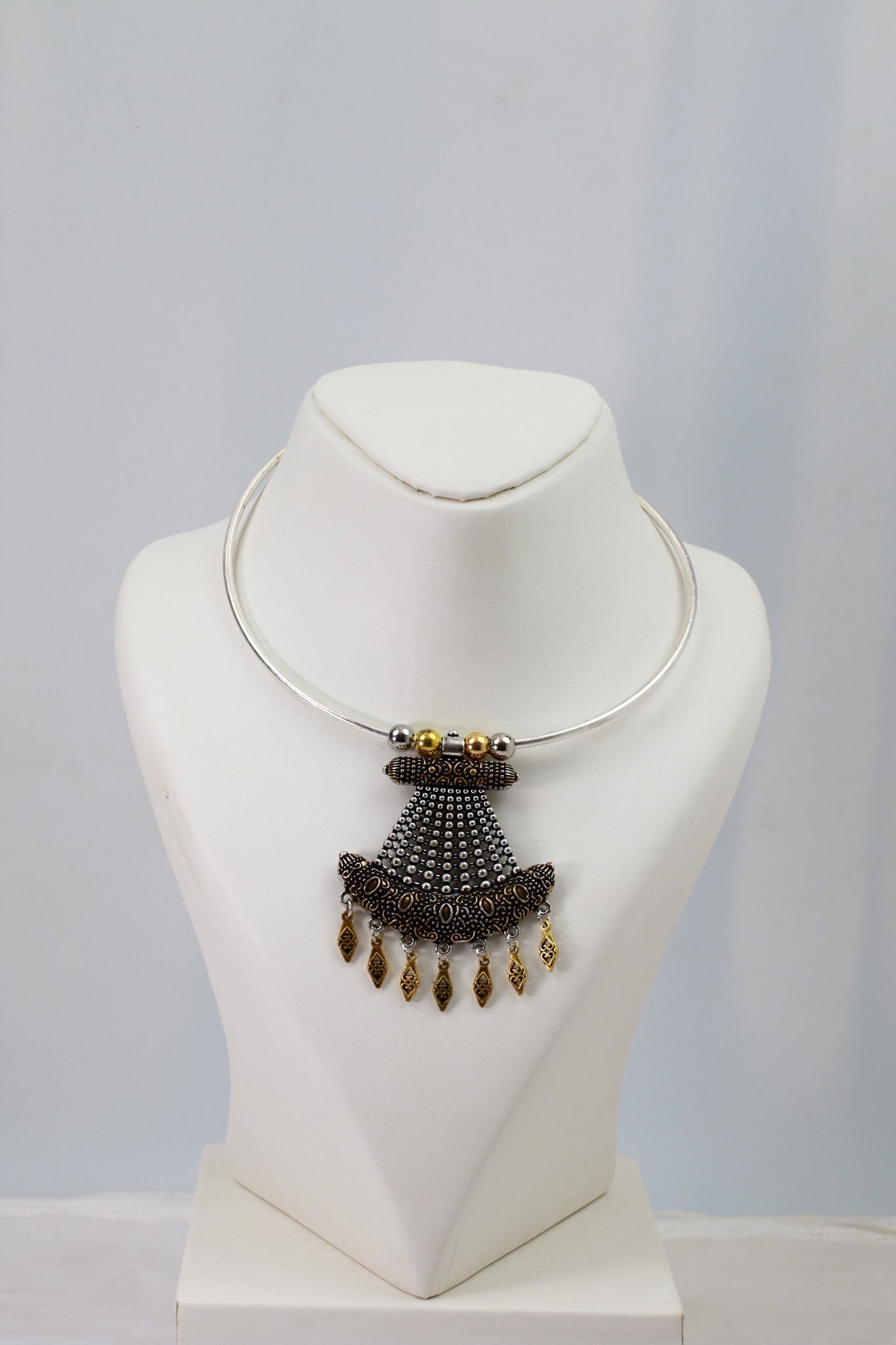 Dual Tone Oxidised German Silver Cone-Shaped Tribal Hansuli Necklace