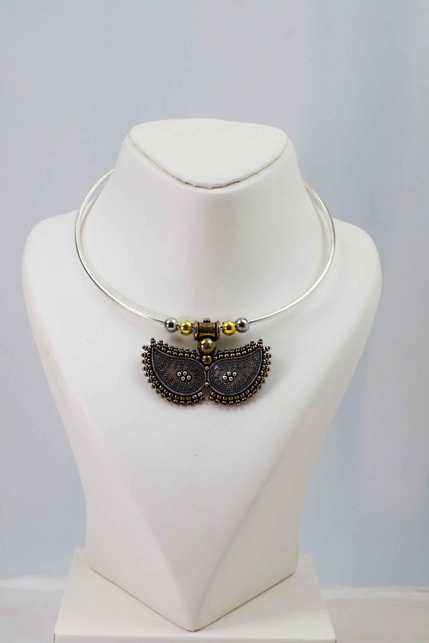 Dual Tone Oxidised German Silver Crescent Tribal Hansuli Necklace