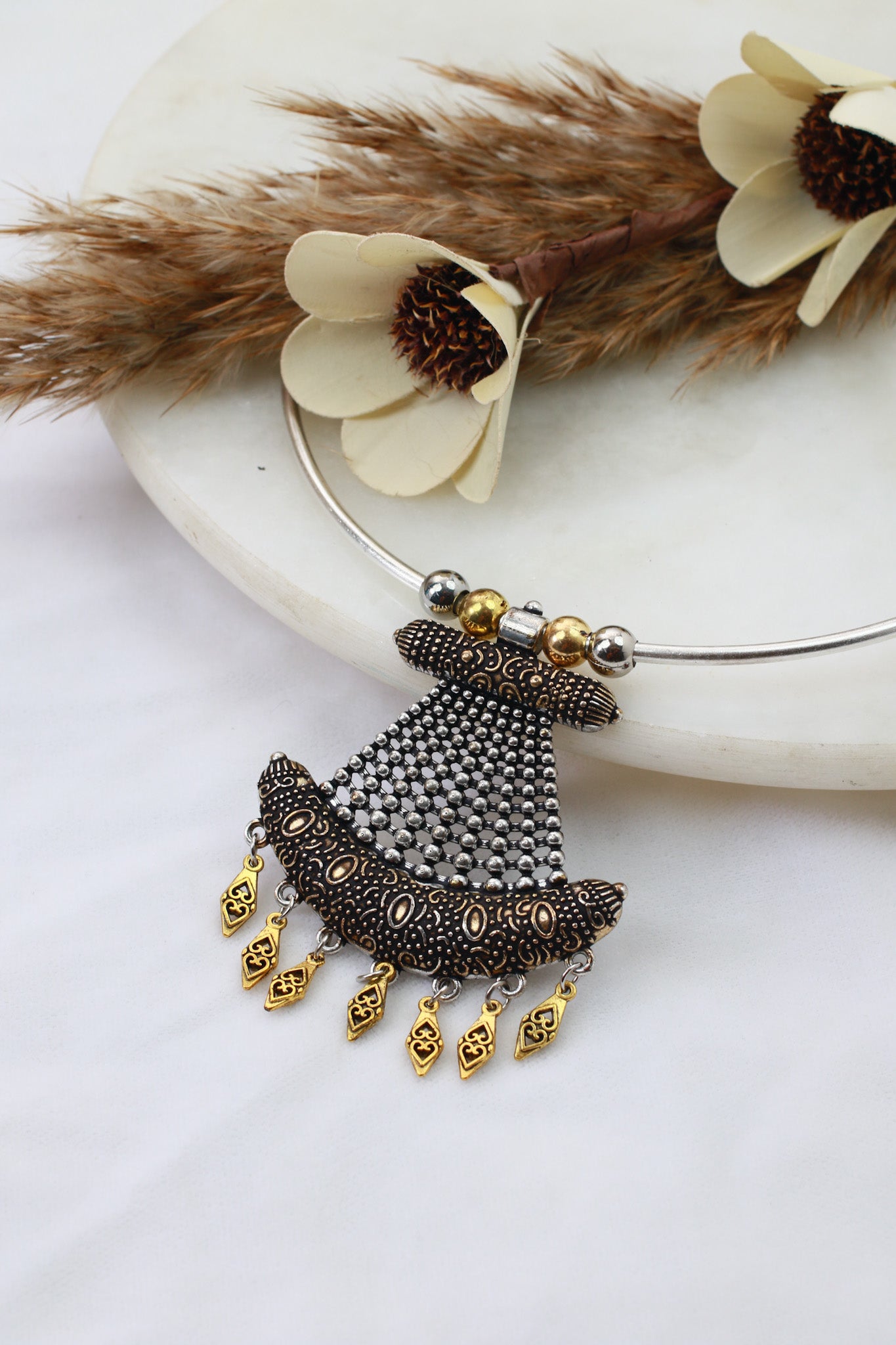 Dual Tone Oxidised German Silver Cone-Shaped Tribal Hansuli Necklace