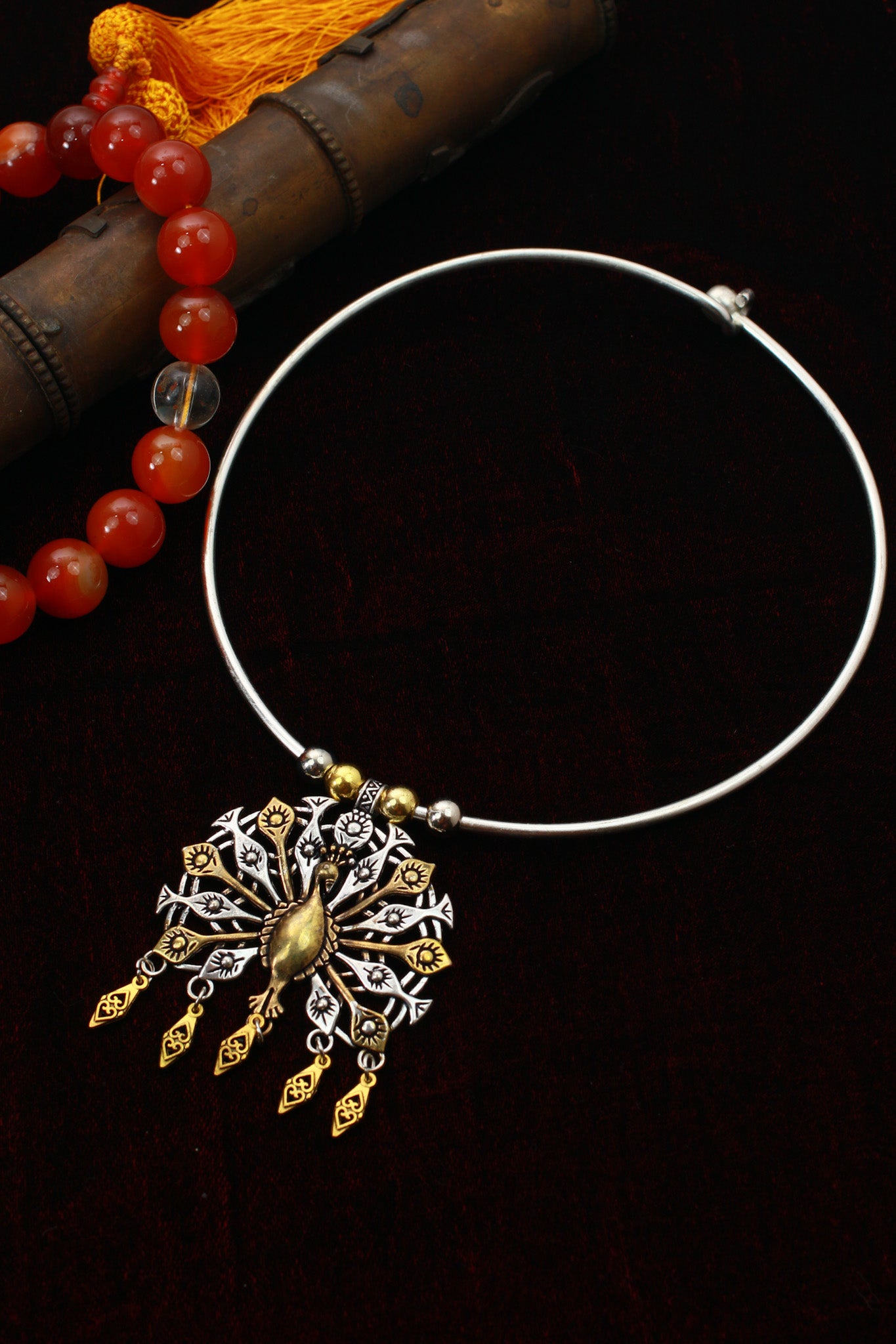 Dual Tone Oxidised German Silver Peacock Hansuli Necklace