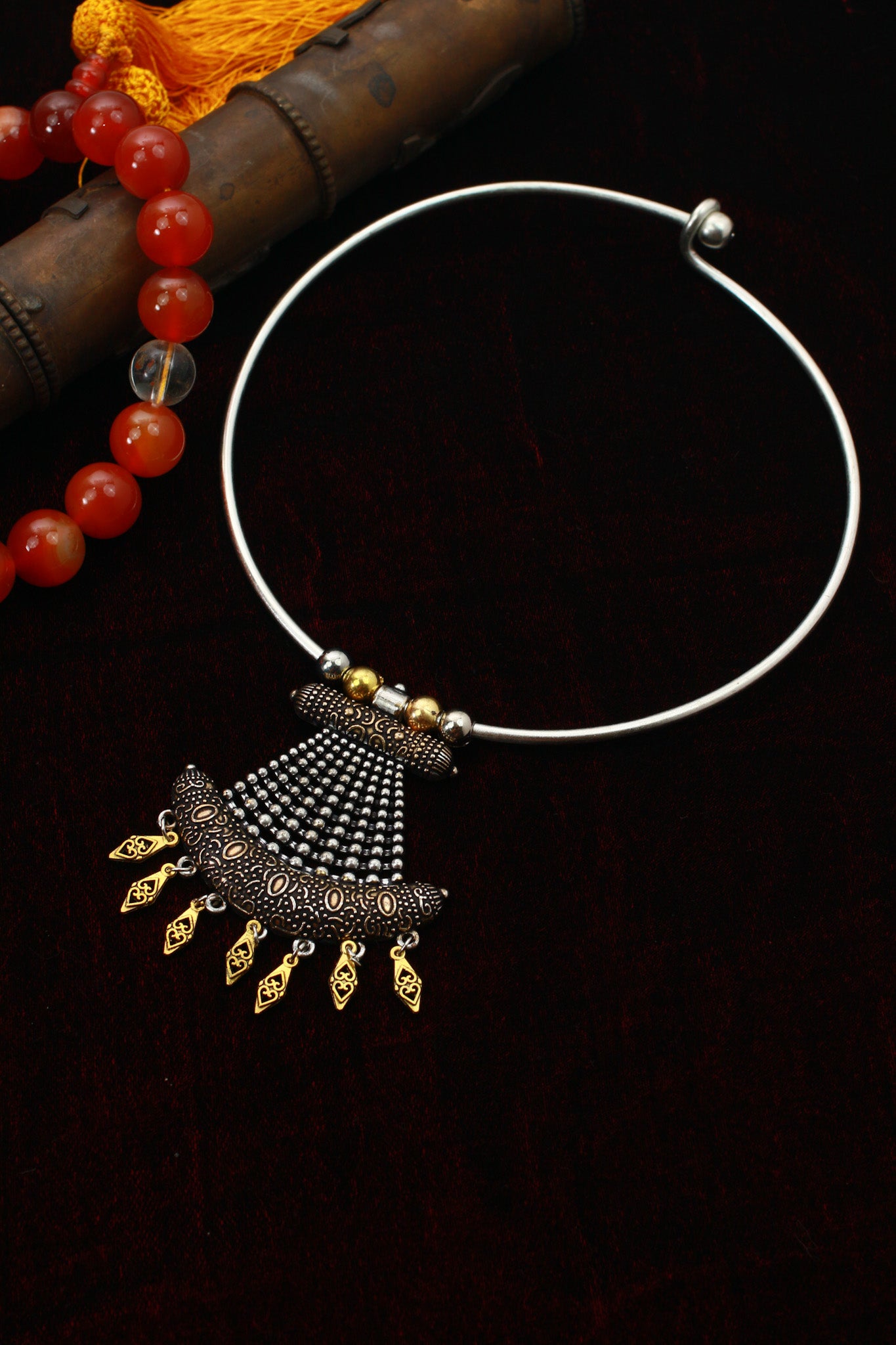 Dual Tone Oxidised German Silver Cone-Shaped Tribal Hansuli Necklace