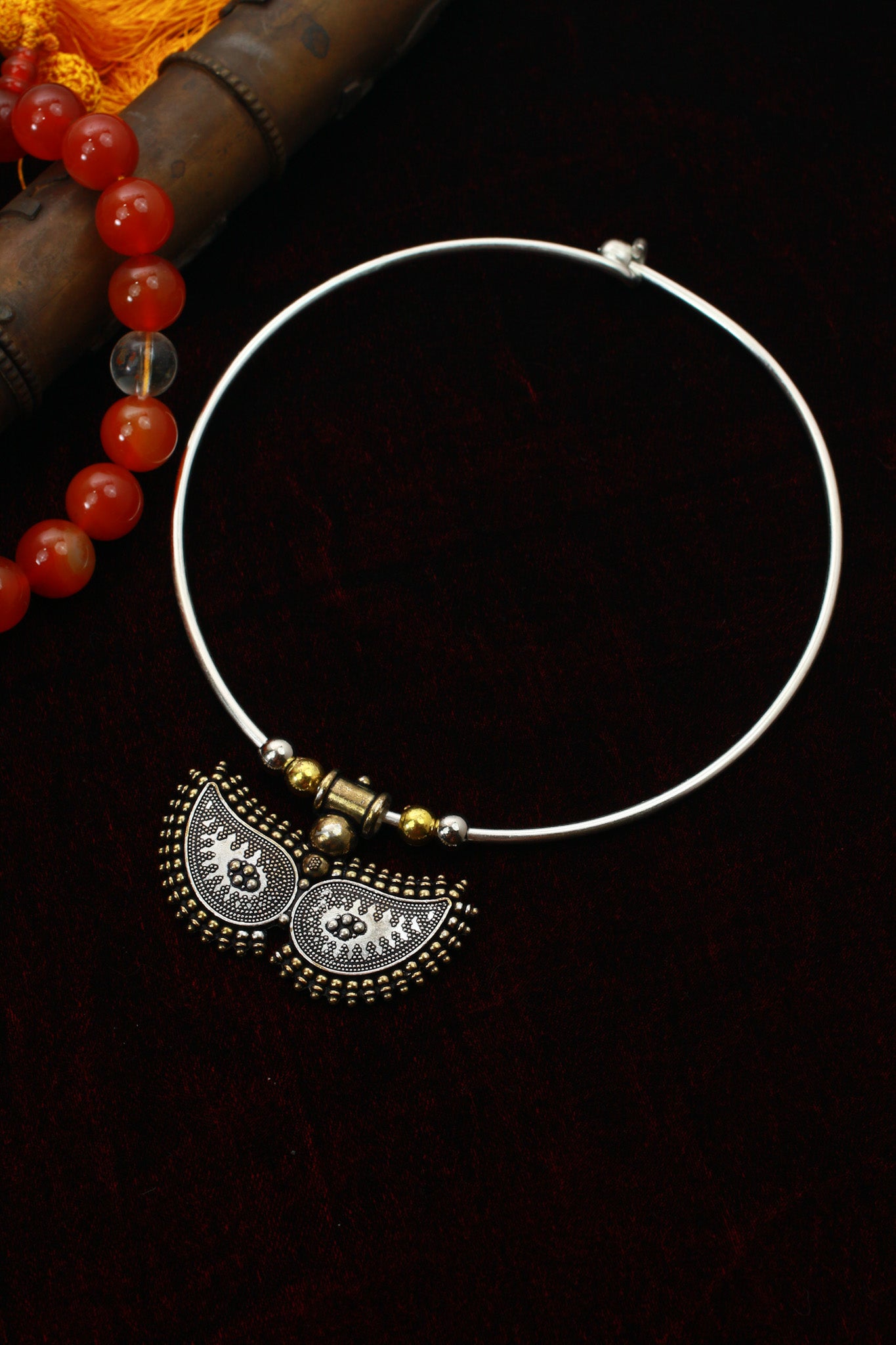 Dual Tone Oxidised German Silver Crescent Tribal Hansuli Necklace