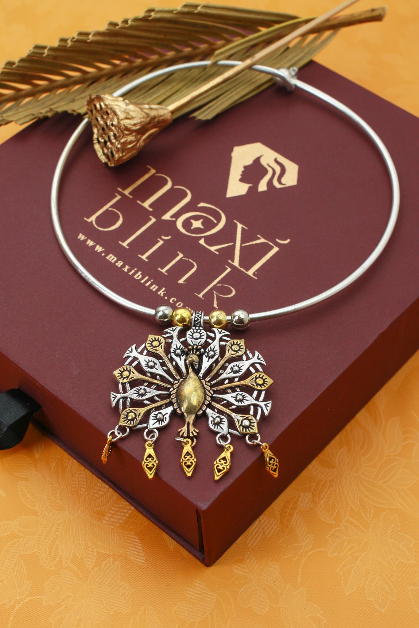 Dual Tone Oxidised German Silver Peacock Hansuli Necklace