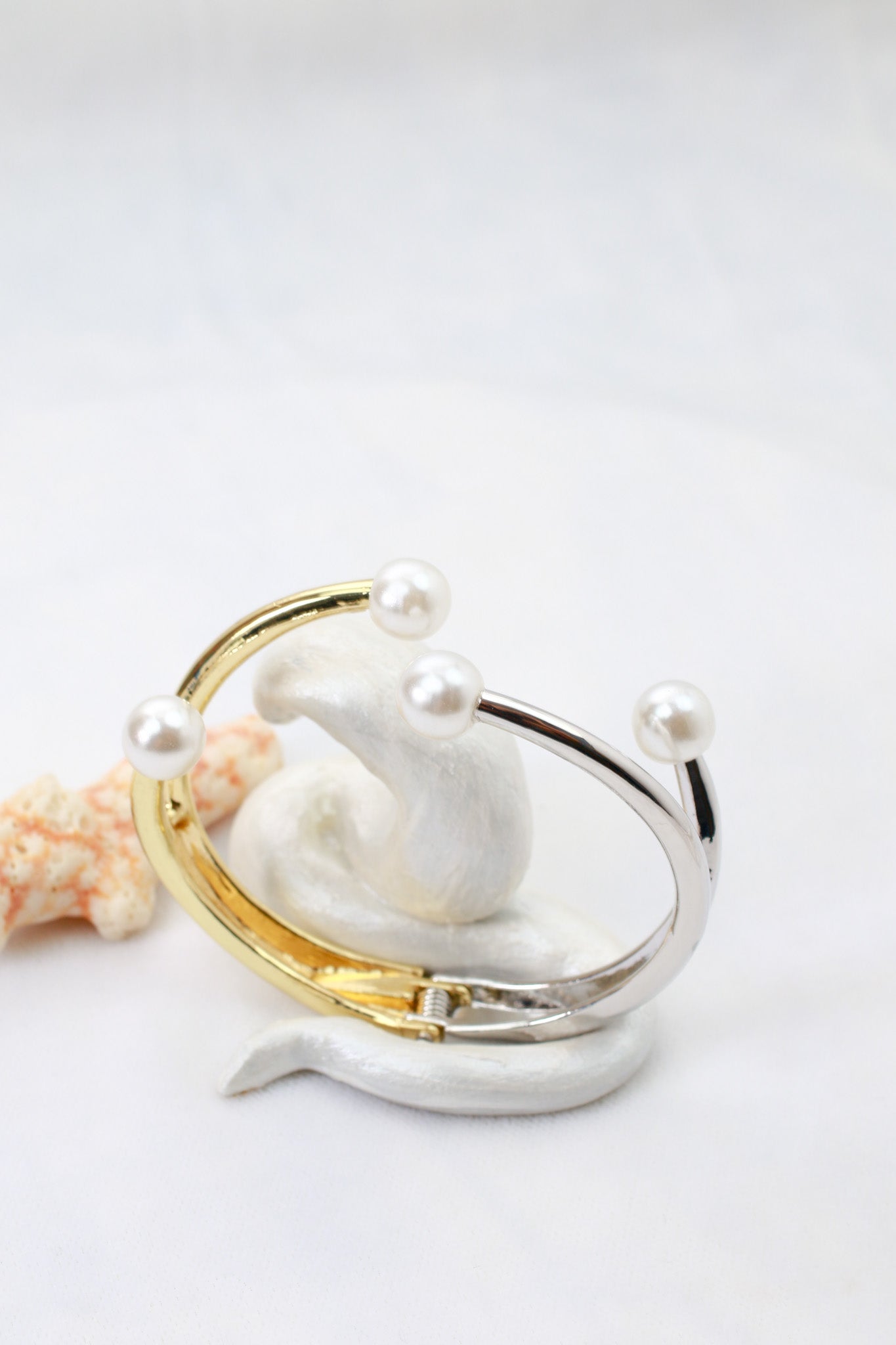 Anti-Tarnish Two-Tone Pearl Accent Cuff Bracelet – Stainless Steel Modern Design