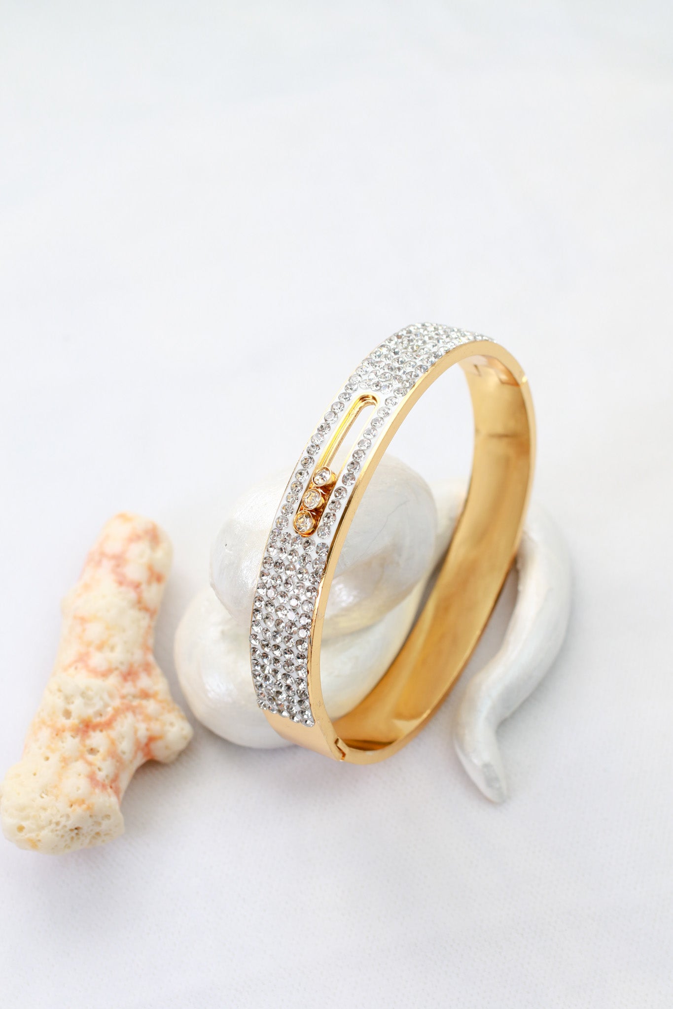 Anti-Tarnish Stainless Steel Bracelet — Gold Crystal Pavé Accent Bangle