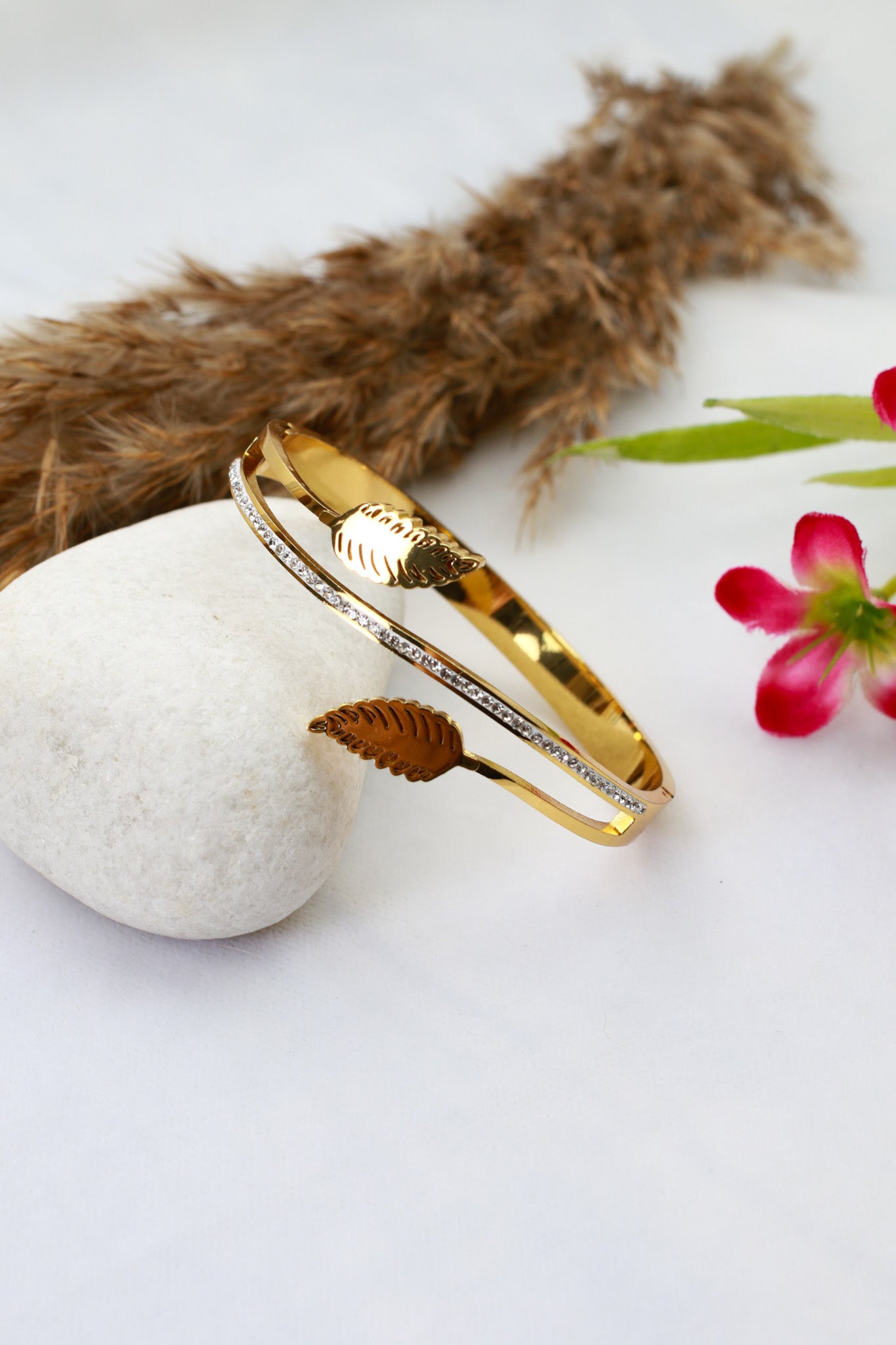 Anti-Tarnish Gold Leaf Dual-Band Cuff Bracelet – Stainless Steel with CZ Detailing