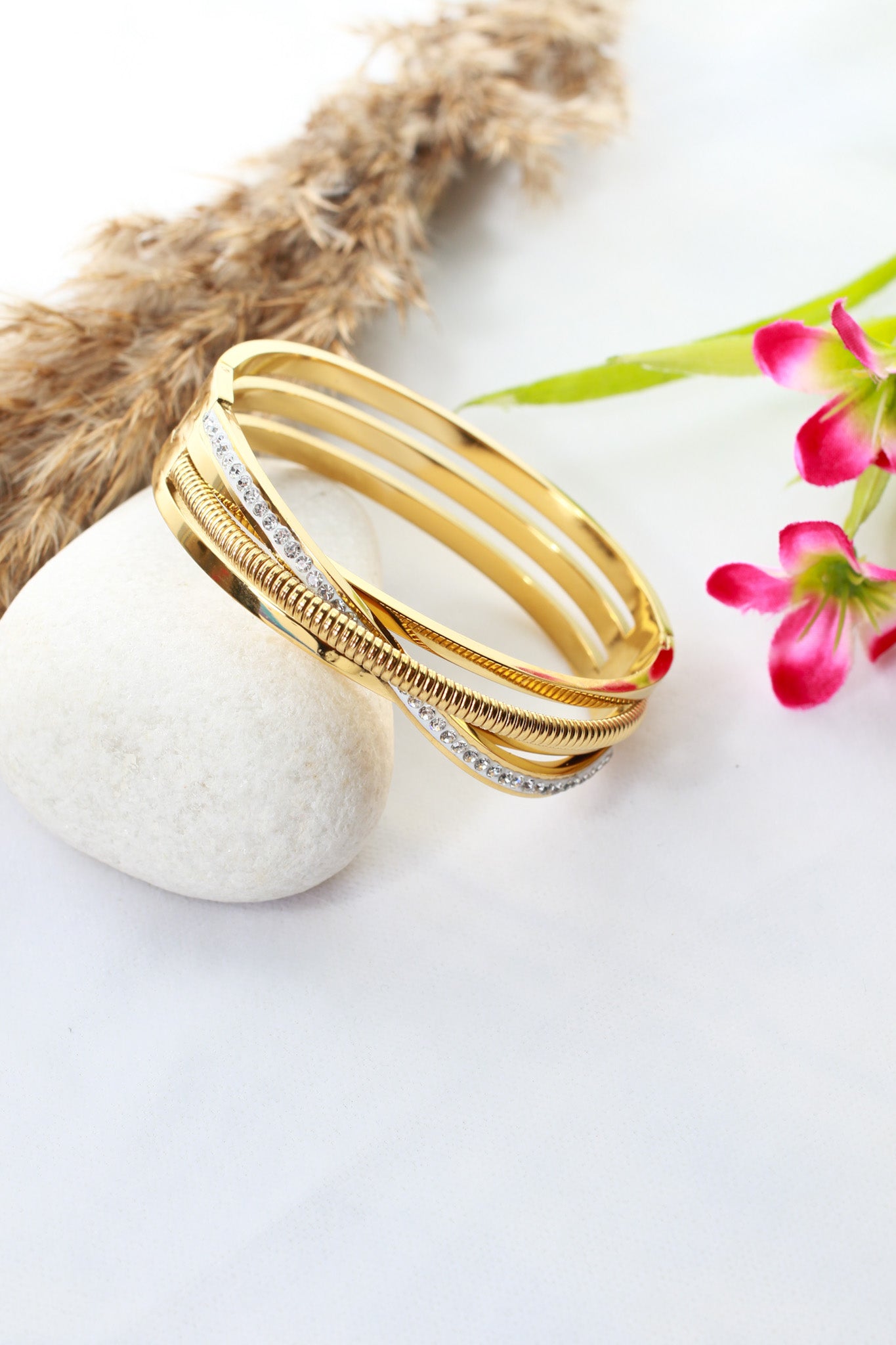 Anti-Tarnish Gold Multi-Layer Textured Cuff Bracelet – Stainless Steel with CZ Accents