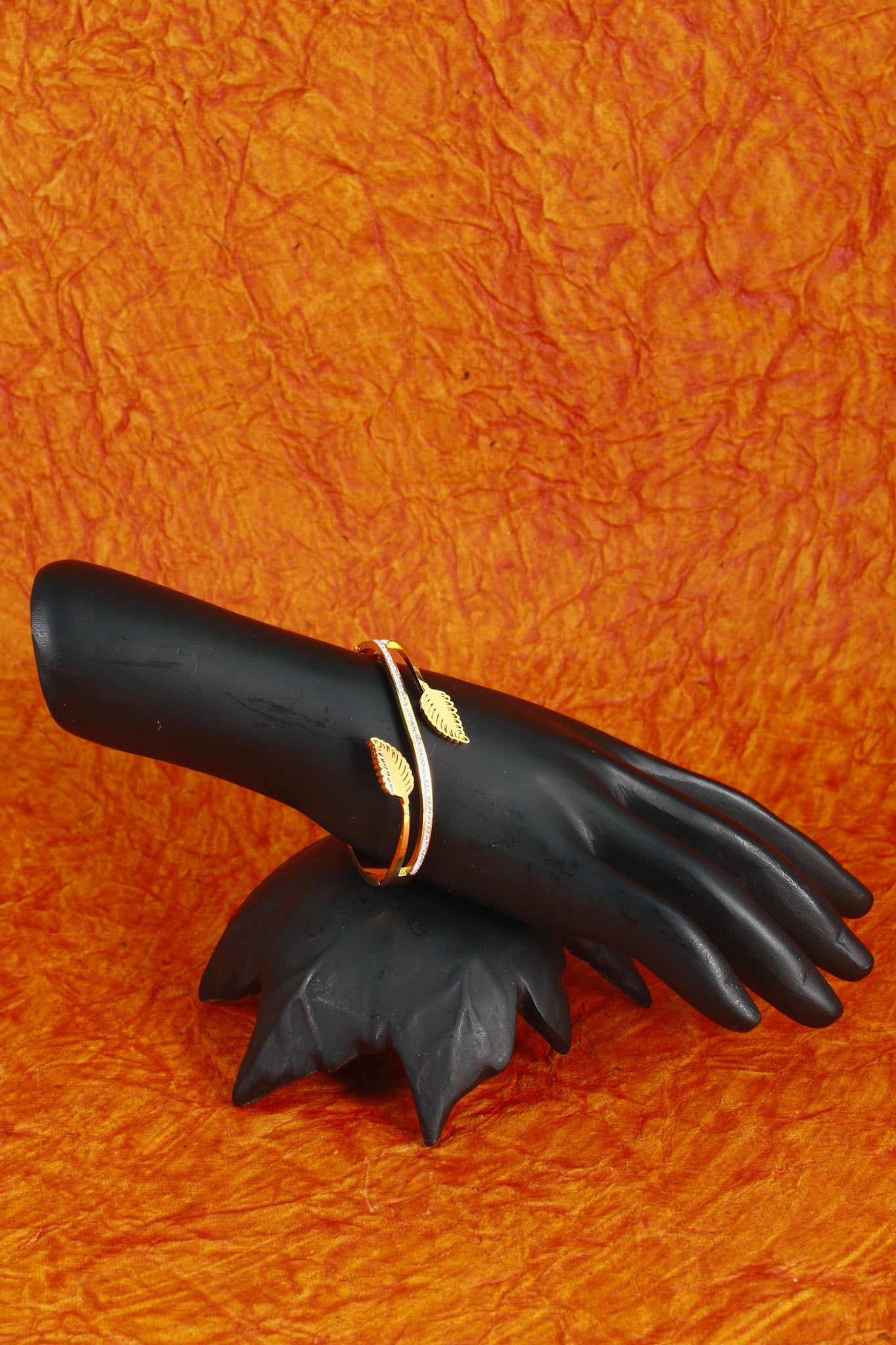 Anti-Tarnish Gold Leaf Dual-Band Cuff Bracelet – Stainless Steel with CZ Detailing