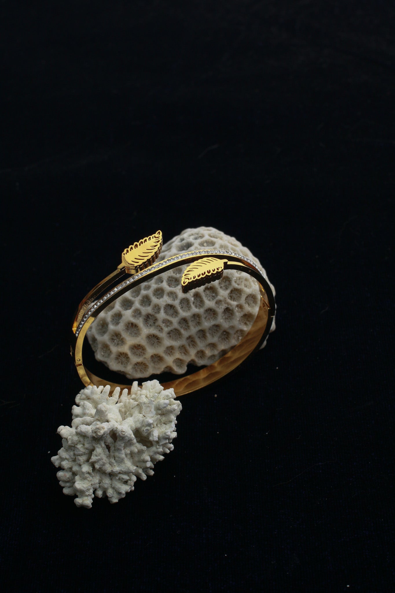 Anti-Tarnish Gold Leaf Dual-Band Cuff Bracelet – Stainless Steel with CZ Detailing