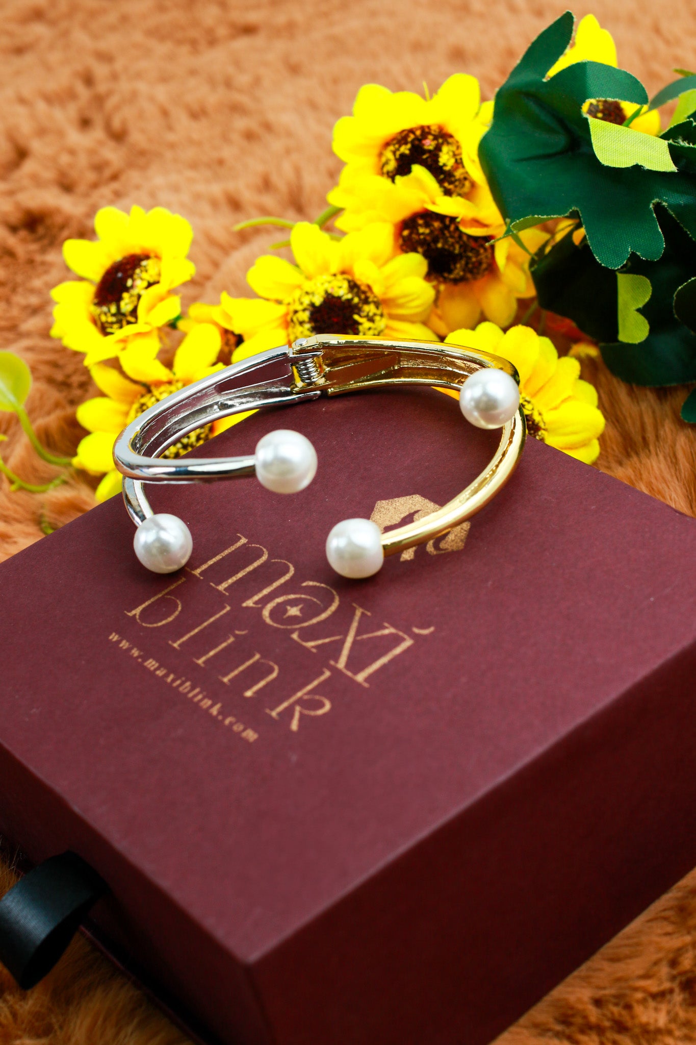 Anti-Tarnish Two-Tone Pearl Accent Cuff Bracelet – Stainless Steel Modern Design