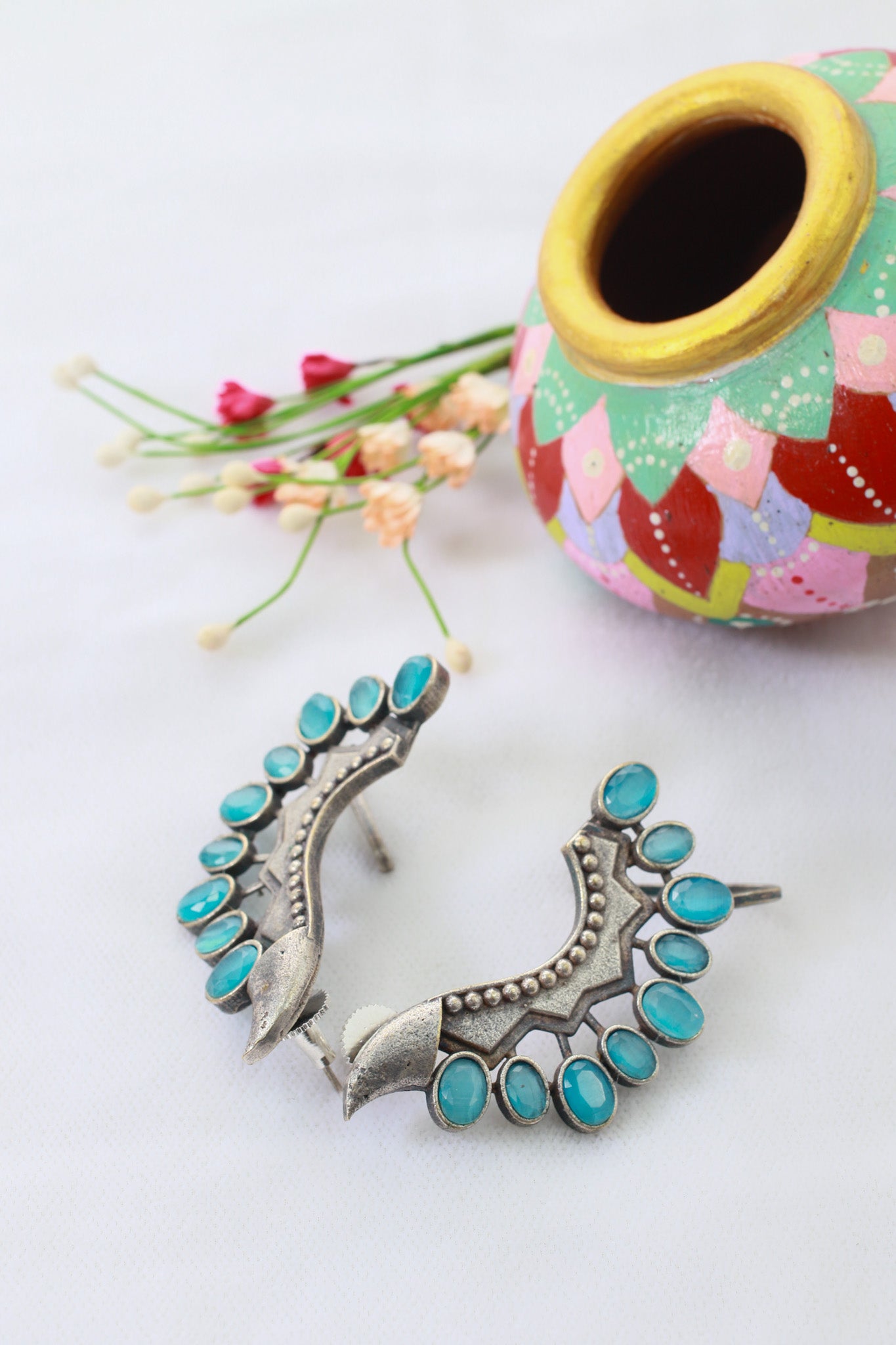 Turquoise Monalisa Stone Crescent Oxidised German Silver Earrings | Ethnic Statement Jewellery