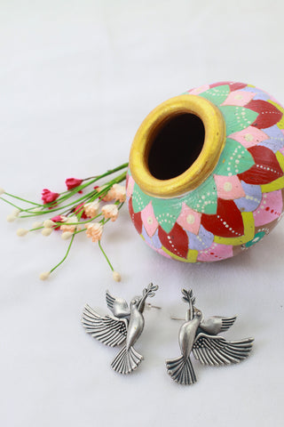 Bird & Olive Branch Oxidised German Silver Earrings | Peace Dove Inspired Earrings